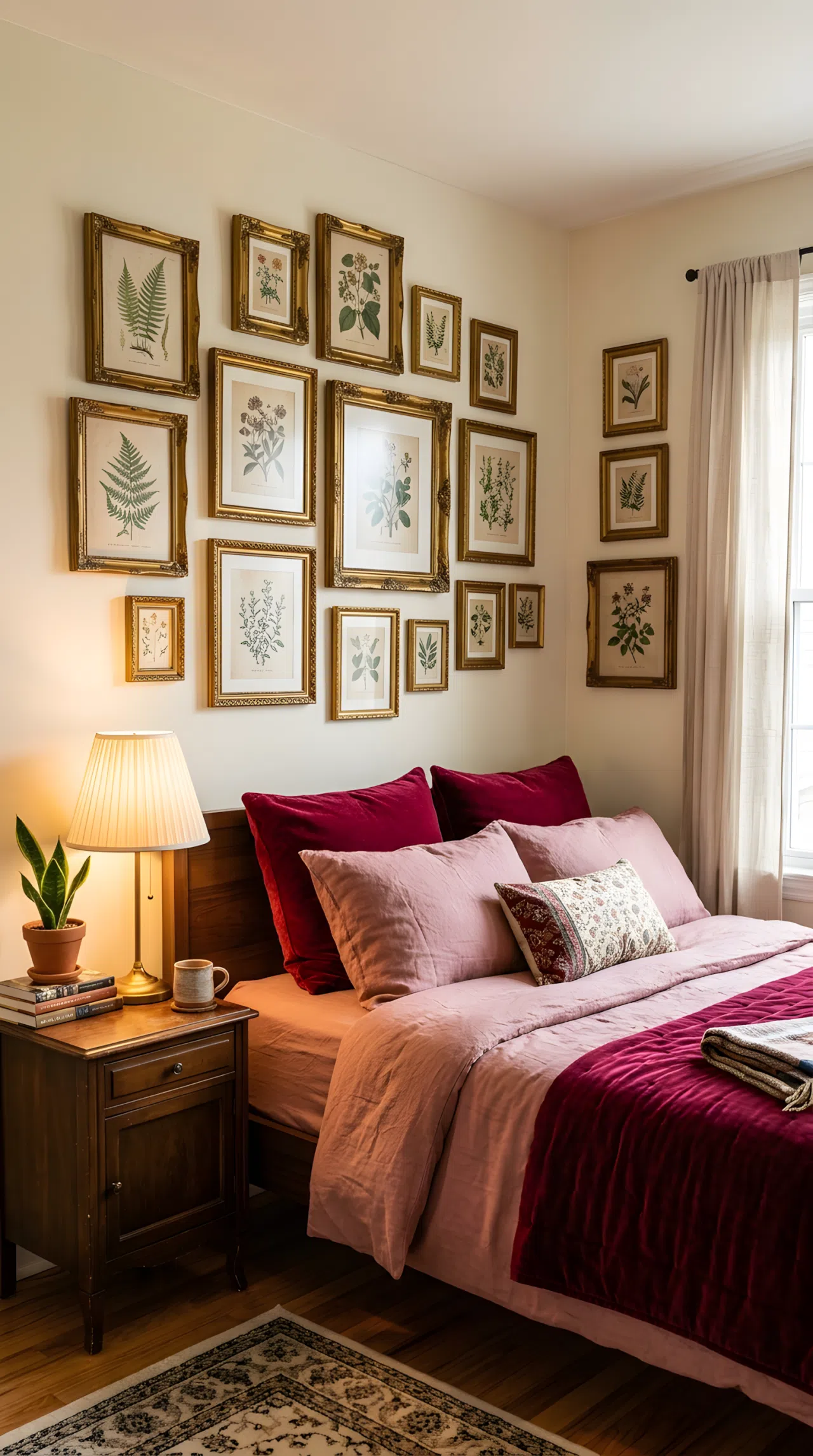 Real-life photo of a bedroom corner with a gallery wall of mismatched antique gold frames above a bed with dusty rose (RGB 196, 142, 143) and burgundy (RGB 89, 21, 33) layered bedding, botanical prints inside frames, soft warm lamp light, clean and organized, stock photography, vibrant warm tones.