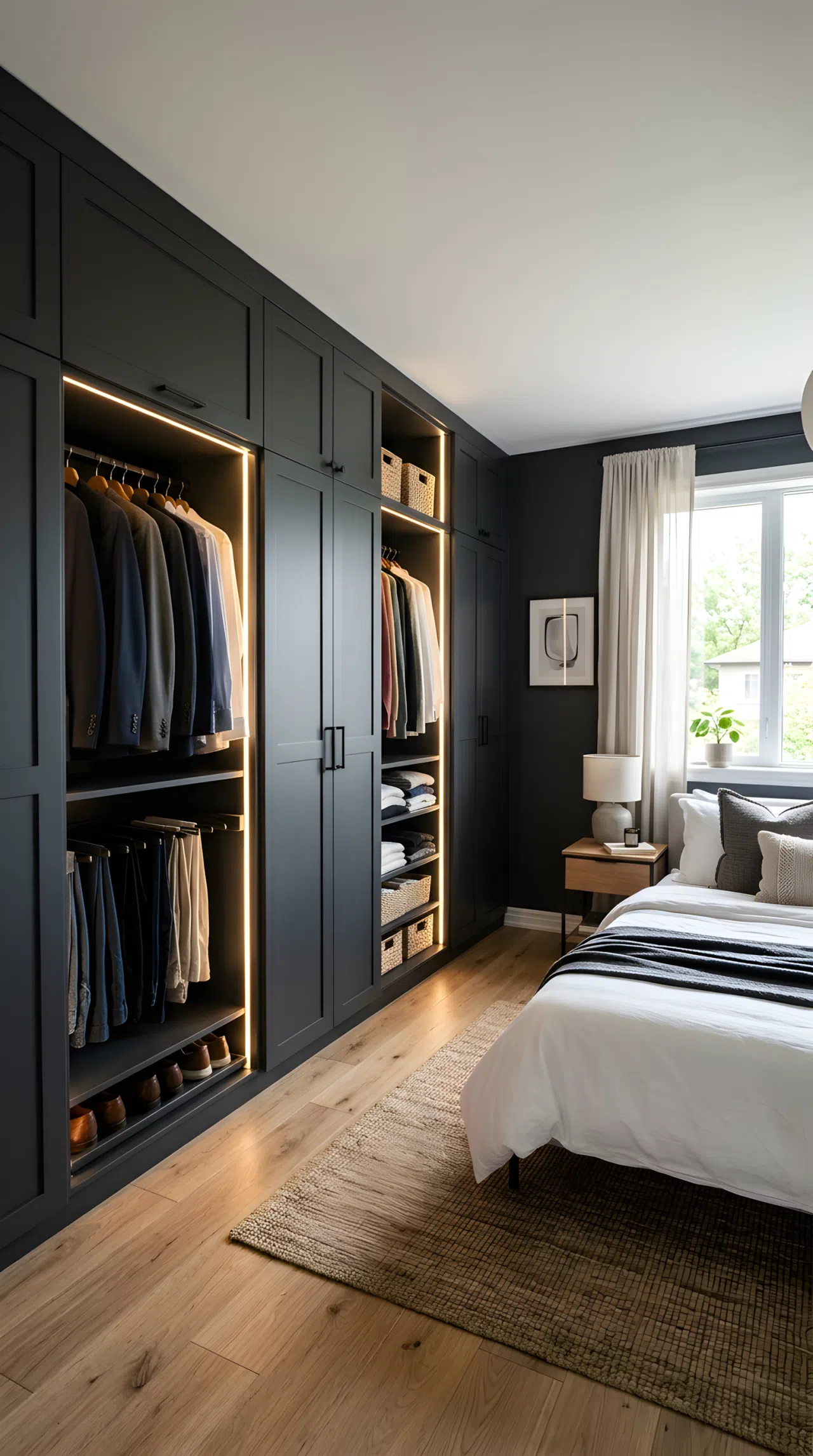 Real-life bedroom photo showing floor-to-ceiling built-in wardrobes painted dark charcoal matching the walls, warm LED strip lighting positioned along the inside edges of the wardrobe doors casting a soft glow downward, neatly organized closet, clean bedroom styling, bright natural window light on the other side of the room, stock photography, vibrant tones.