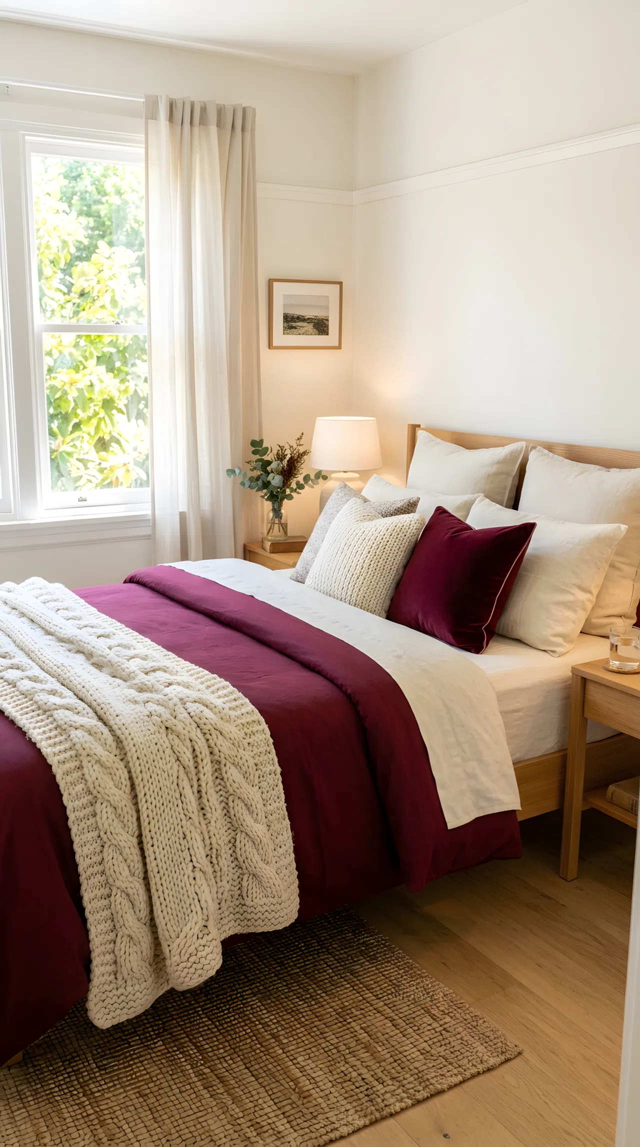 Real-life photo of a neatly made bed layered with a burgundy (RGB 89, 21, 33) duvet, cream linen sheets, a chunky cream knit throw, and mixed velvet and linen throw pillows, warm bright natural light from a nearby window, clean and organized styling, stock photography, vibrant rich colors.