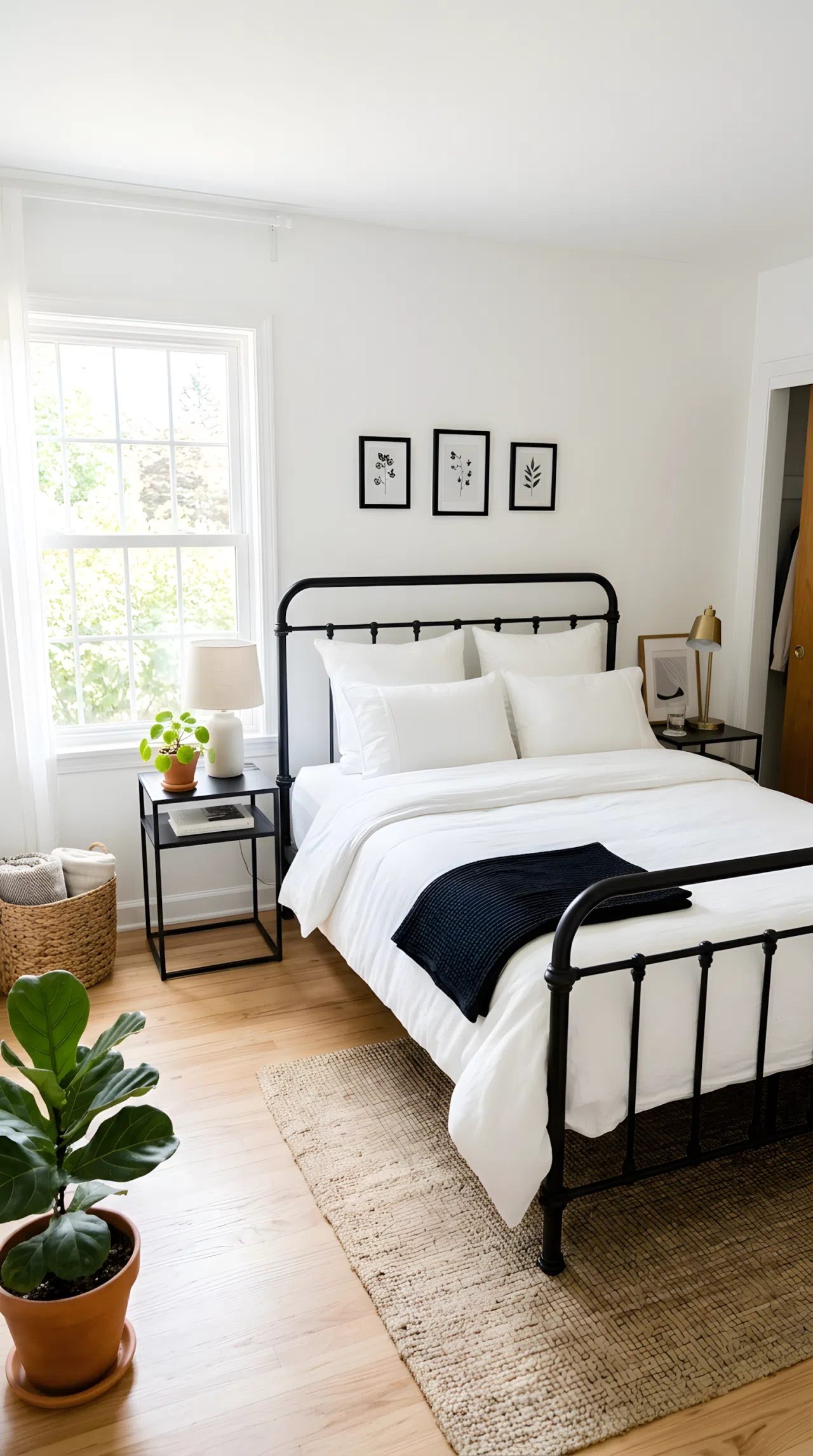 Real-life photo of a bright white bedroom with a black iron bed frame, crisp white bedding, a small black throw folded at the foot of the bed, bright natural light flooding through a large window, clean and organized styling, stock photography, airy vibrant tones.
