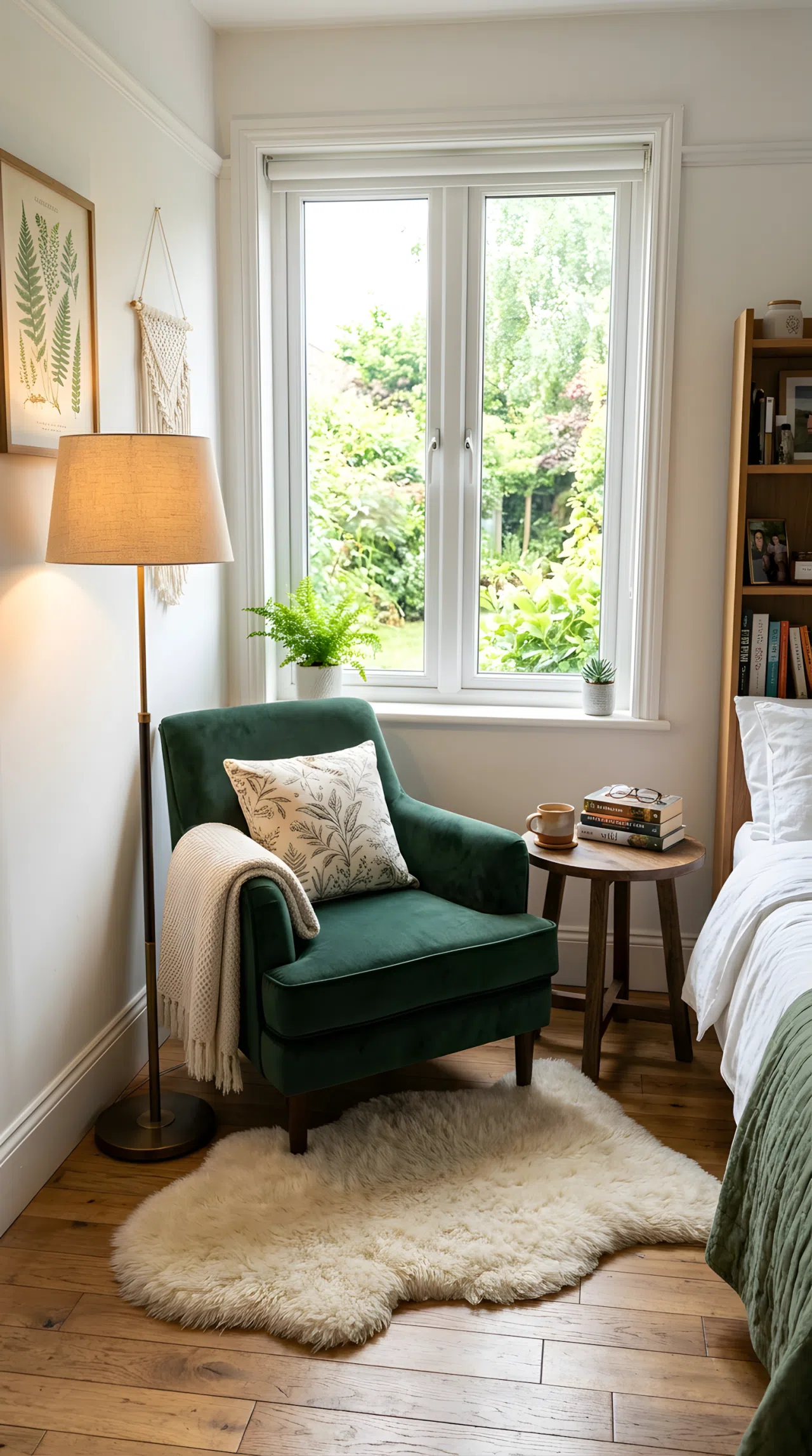 Real-life photo of a cozy bedroom corner reading nook with a deep forest green (RGB 34, 60, 47) velvet accent chair, small wood side table, warm floor lamp positioned beside the chair casting a soft glow, sheepskin rug underfoot, bright natural window light nearby, neatly styled, stock photography, vibrant tones.