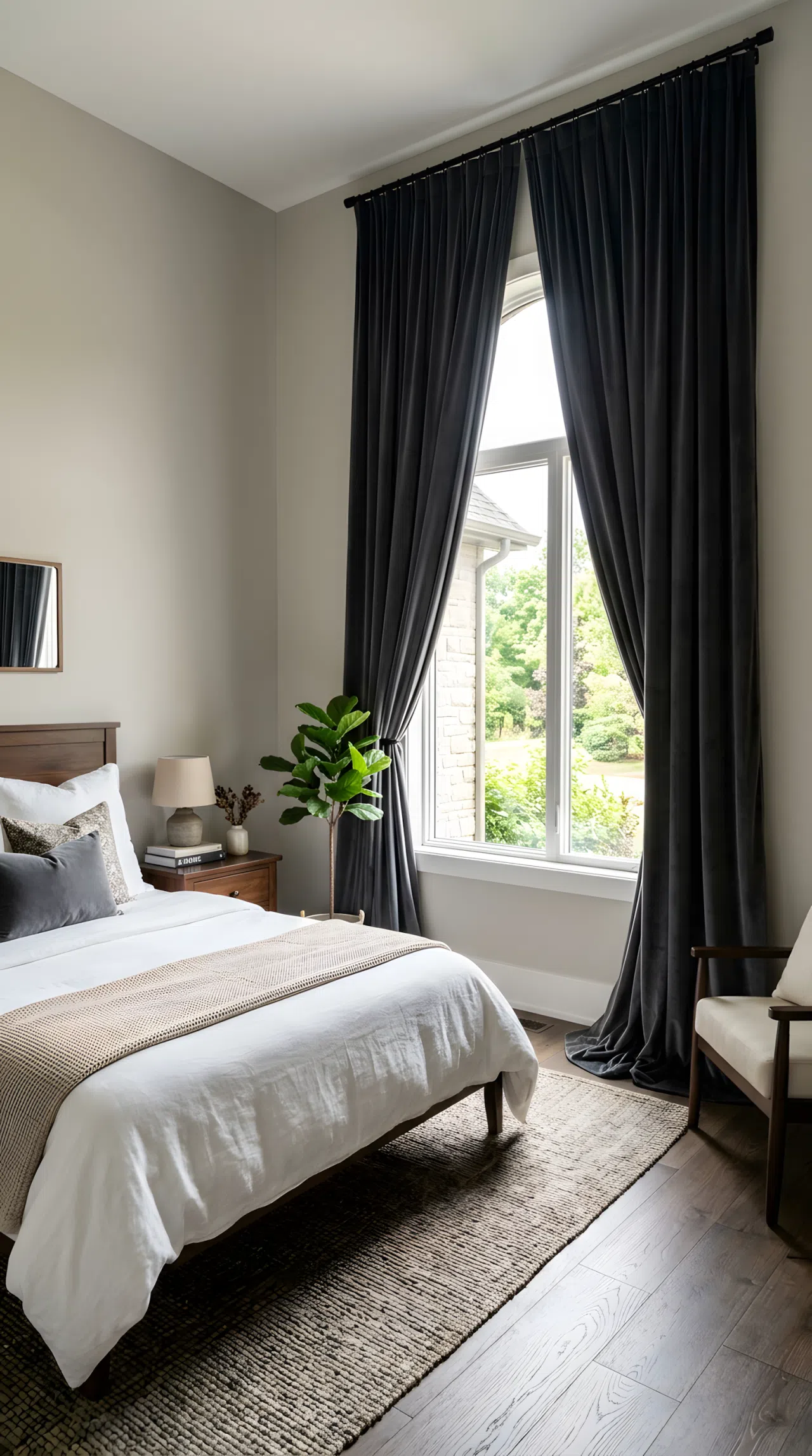 Real-life photo of a bedroom with floor-to-ceiling deep charcoal velvet curtains framing a window, soft pooling fabric at the floor, bright natural daylight filtering through the gap, neatly styled bed nearby, clean and organized room, stock photography, rich vibrant tones.