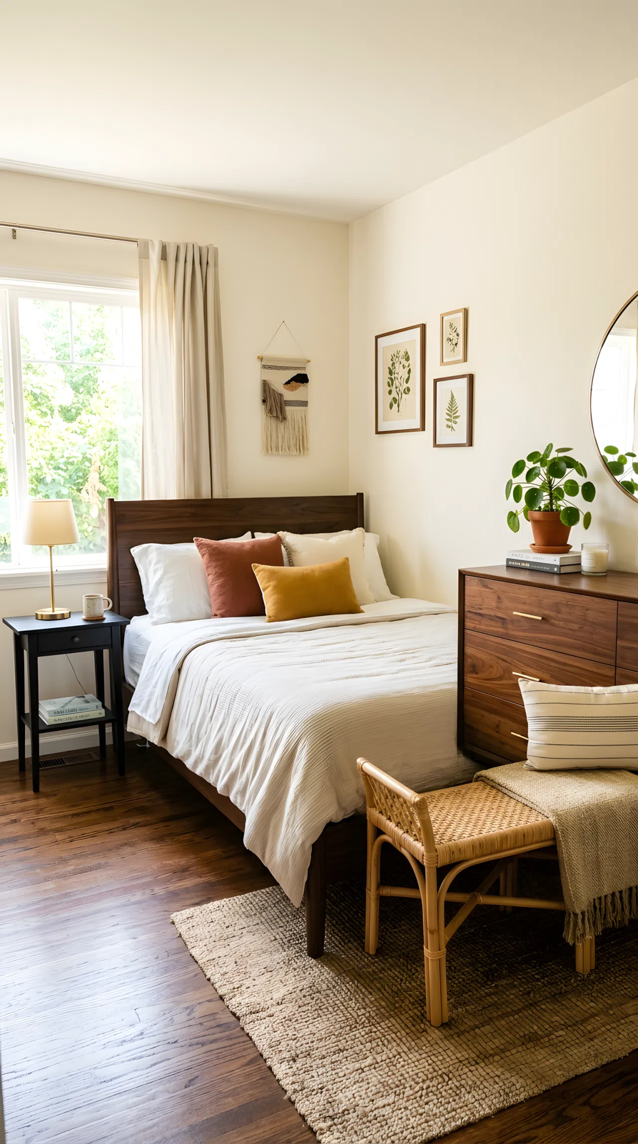 Real-life photo of a bedroom with mixed dark wood furniture, a walnut dresser, a black-stained nightstand, and a small rattan bench at the foot of the bed, warm bright natural window light, neatly arranged and clean, stock photography, vibrant warm tones.