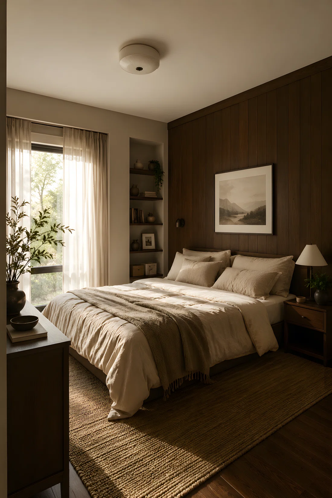 Wide-angle photograph of a real bedroom with greige walls (RGB 200,190,175) and a warm chocolate brown wood accent wall (RGB 101,67,33) behind a bed layered with beige linen bedding, soft morning light through sheer curtains, tidy and lived-in, natural interior photography, 35mm lens, dramatic wide room angle.