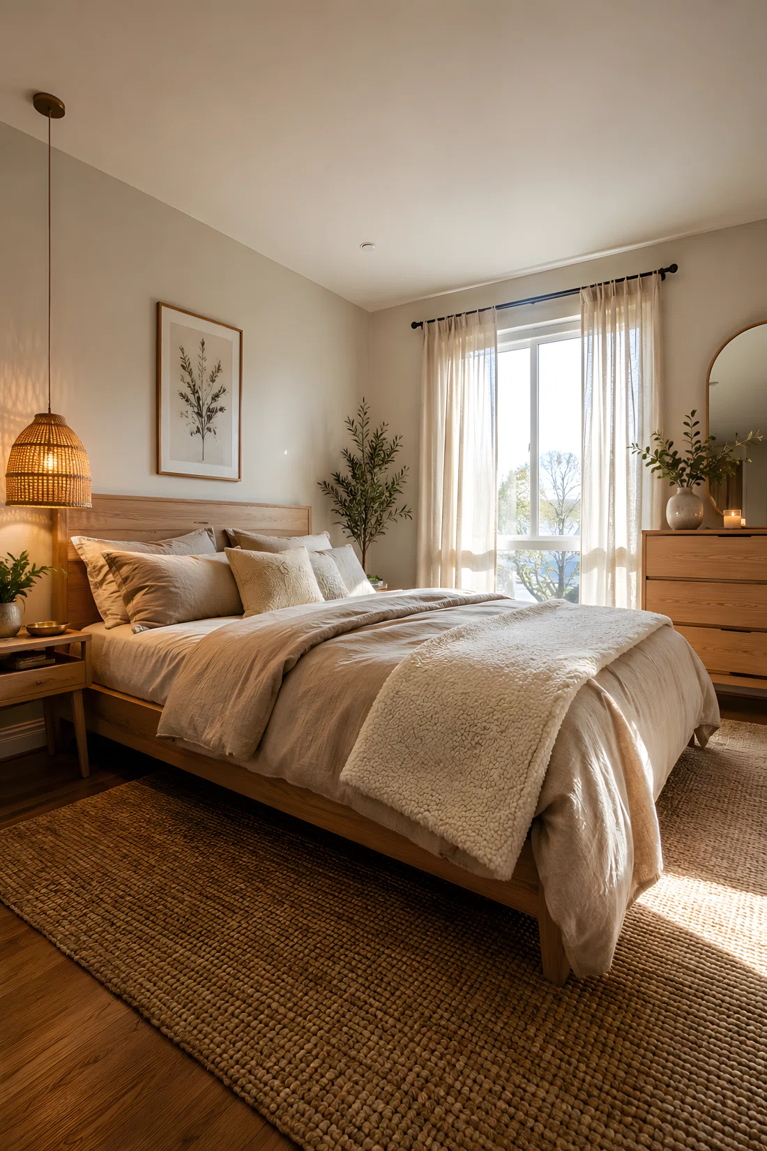 Wide-angle real-life photograph of a bedroom with a light oak wood bed frame, woven rattan pendant lampshade hanging beside the bed, cream boucle throw folded at the foot of the bed, linen curtains catching bright natural daylight, warm and textured neutral tones, wide dramatic camera angle capturing the full room.