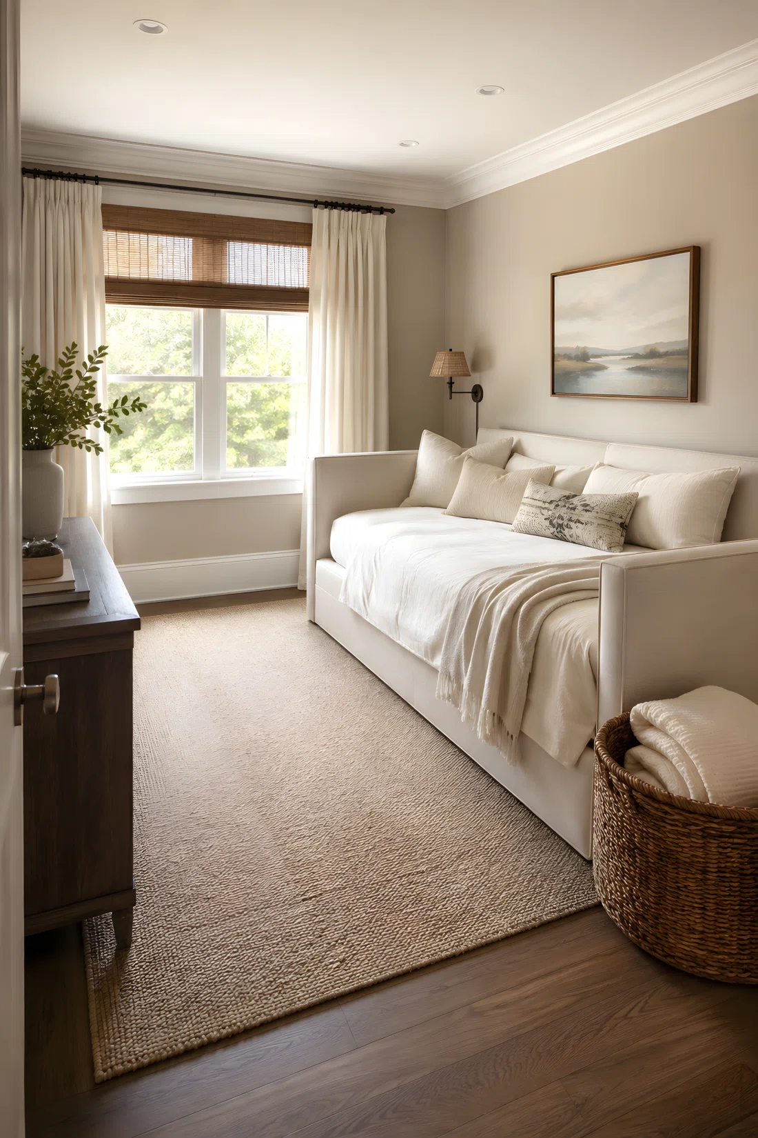 Wide-angle photograph of a real neutral guest bedroom with a cream upholstered daybed doubling as seating, a woven storage basket beside it holding folded linens, soft cream and oatmeal bedding, natural window light, tidy and inviting, wide dramatic room angle, photographic stock-style image.