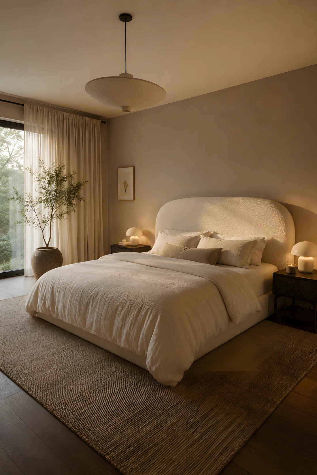 Wide-angle photograph of a real bedroom featuring a curved upholstered headboard in ivory bouclé fabric (RGB 240,234,220), simple neutral bedding, minimal nightstands, soft ambient light, elegant and calm mood, wide dramatic camera angle showing the full room composition, photographic stock-style image.