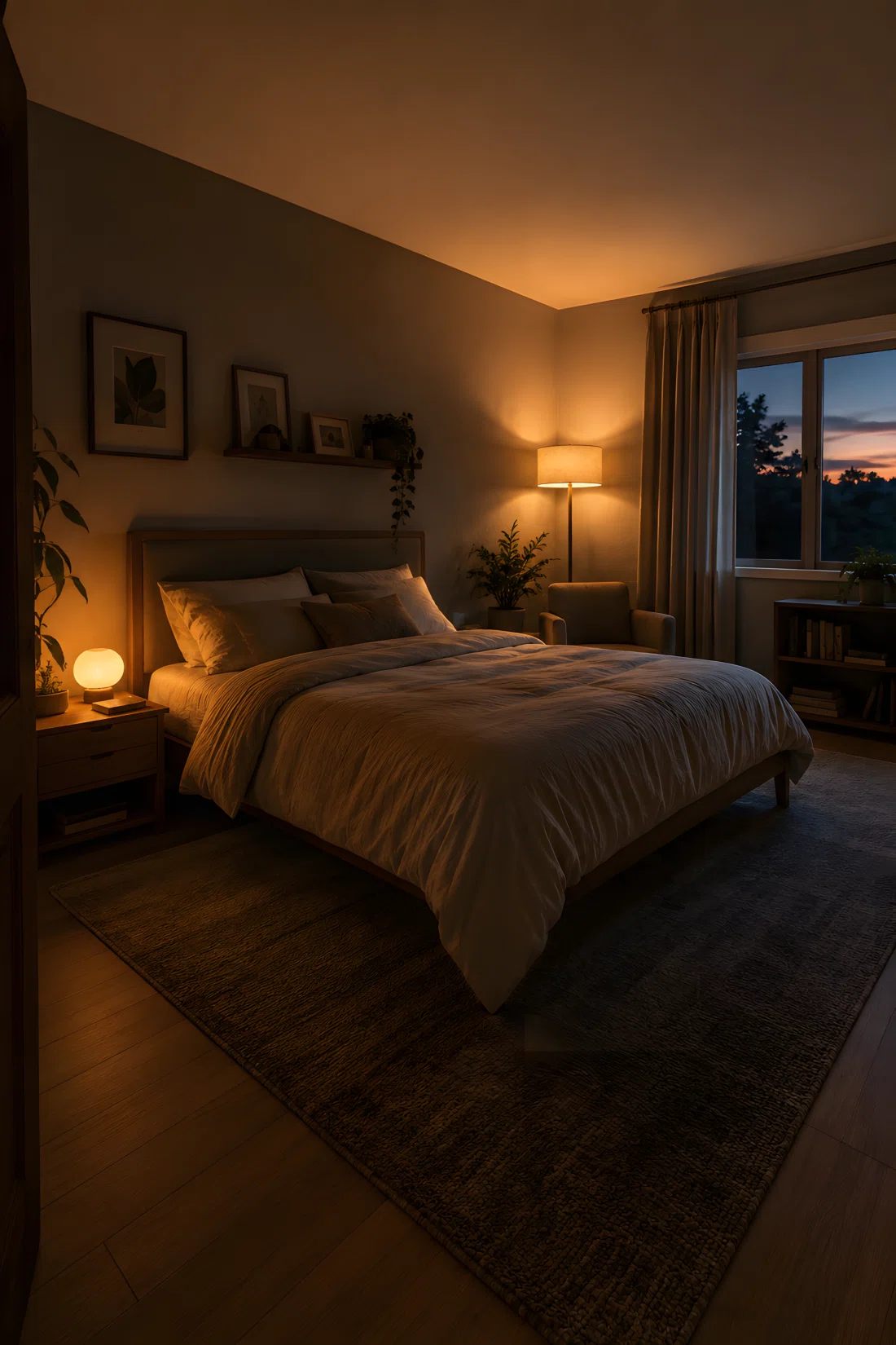 Wide-angle real-life photograph of a bedroom at dusk, a small warm-glow lamp positioned low on the nightstand casting soft pooled light across the bedding, a taller floor lamp glowing in the far corner, no overhead light on, shadows soft and layered, cozy warm tones, wide dramatic camera angle capturing the full room, photographic stock-style image.