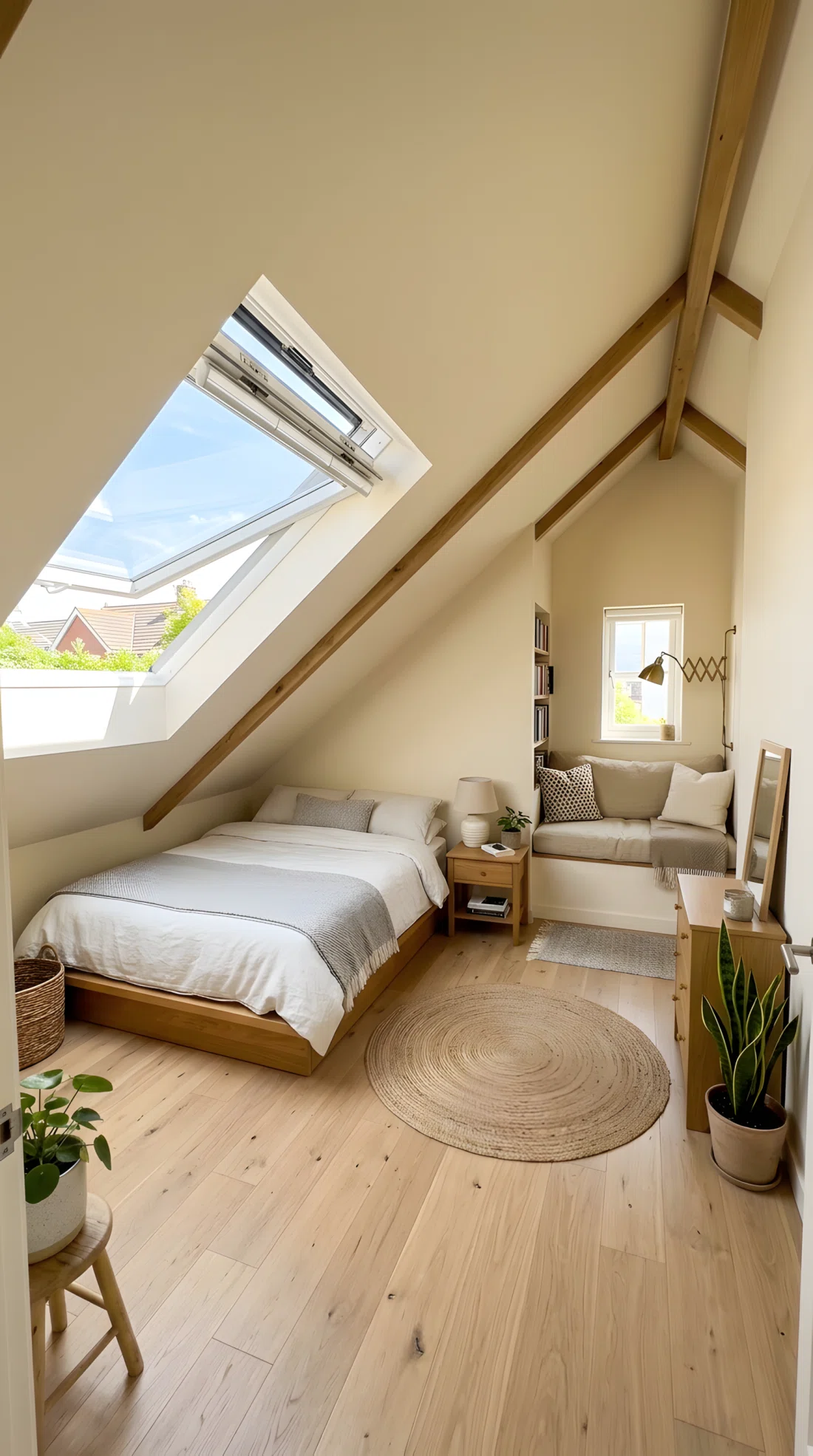 Wide-angle real-life photograph of an attic bedroom with sloped ceiling painted the same soft cream as the walls (RGB 245,238,224), a low platform bed positioned under the slope, a skylight letting in bright natural light, small reading nook with a cushion in the corner, tidy and airy, wide dramatic camera angle capturing the full sloped room.