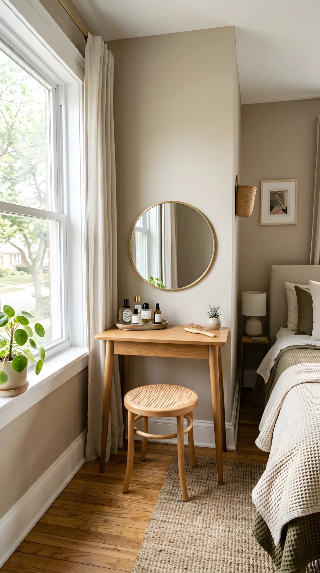 Wide-angle real-life photograph of a bedroom corner featuring a slim wood vanity table with a round mirror, a low stool tucked underneath, a small tray with perfume bottles and a single plant on the surface, bright natural light from a nearby window, neatly arranged, wide dramatic room angle, photographic stock-style image.