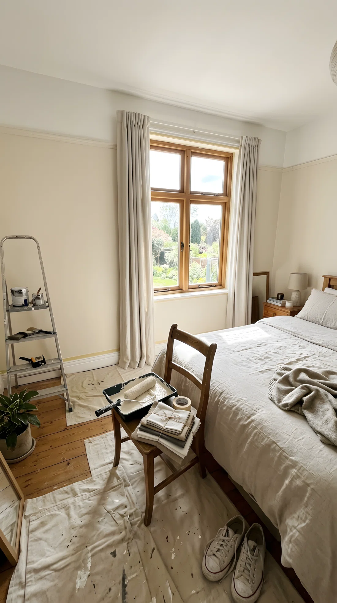 Wide-angle real-life photograph of a bedroom mid-refresh, warm off-white paint on the wall (RGB 237,229,214), a fresh linen duvet cover on the bed, new neutral curtains hanging by the window, paint roller and fabric swatches resting neatly on a chair, bright natural daylight, wide dramatic camera angle.