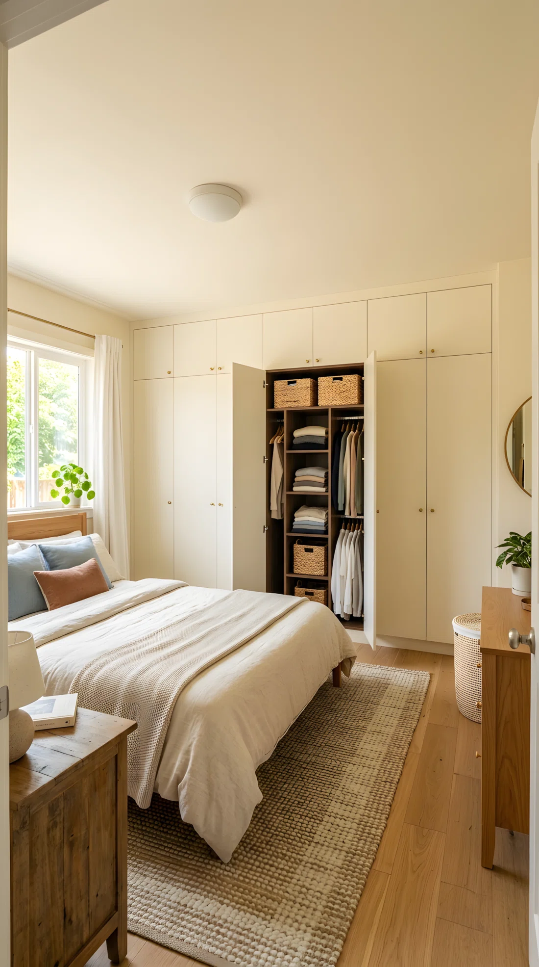 Wide-angle real-life photograph of a bedroom with a built-in wardrobe painted the same warm cream as the walls, doors slightly open showing neatly folded clothes and woven storage baskets inside, bright natural light, clean and organized, wide dramatic camera angle capturing the full room.