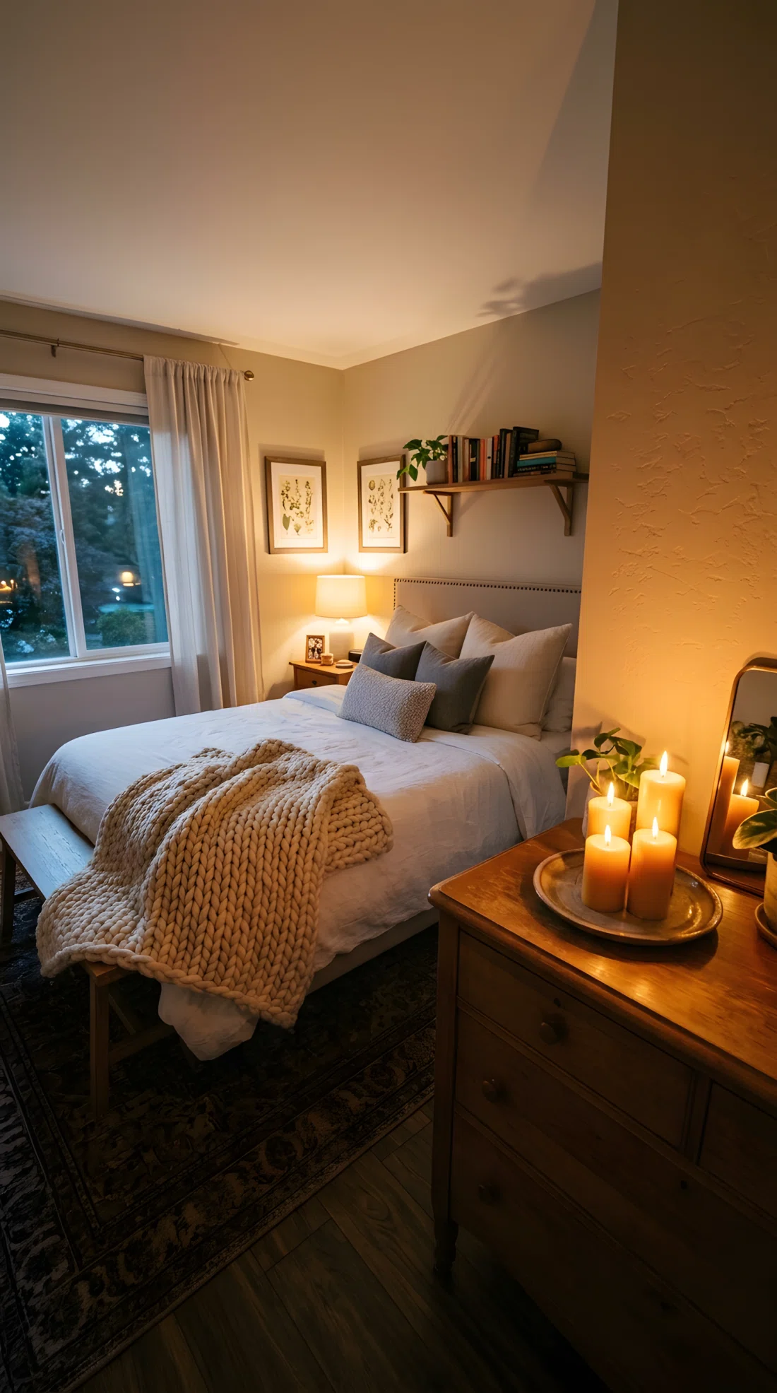 Wide-angle real-life photograph of a bedroom with three candles grouped on a dresser, warm candlelight glow reflecting on the wall, a chunky cream knit blanket draped at the foot of the bed, soft ambient evening light, cozy and intimate, wide dramatic camera angle capturing the full room, photographic stock-style image.