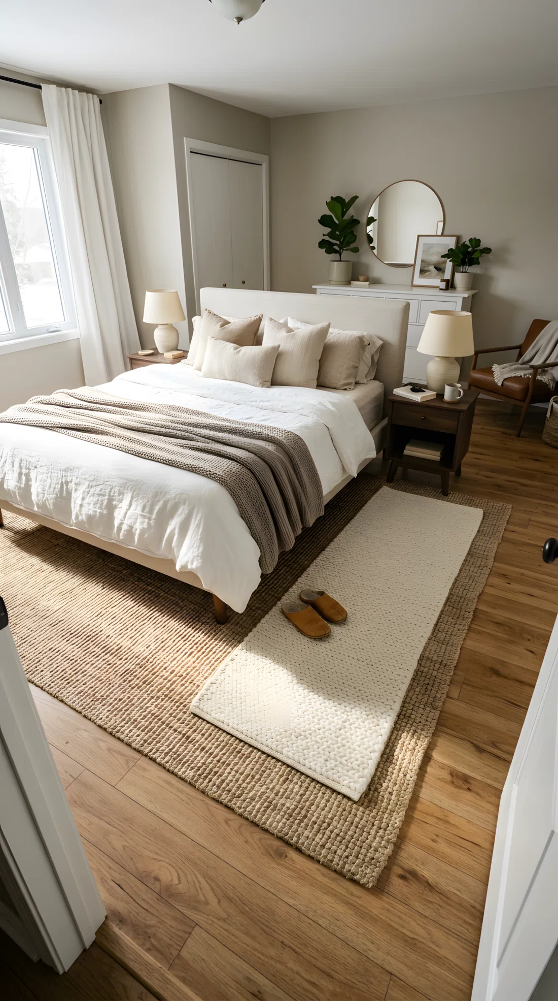 Wide-angle real-life photograph of a bedroom floor with a large jute rug layered under a smaller cream wool runner beside the bed, different beige tones creating subtle contrast, natural daylight streaming across the textures, neatly arranged, wide dramatic camera angle capturing the full room.