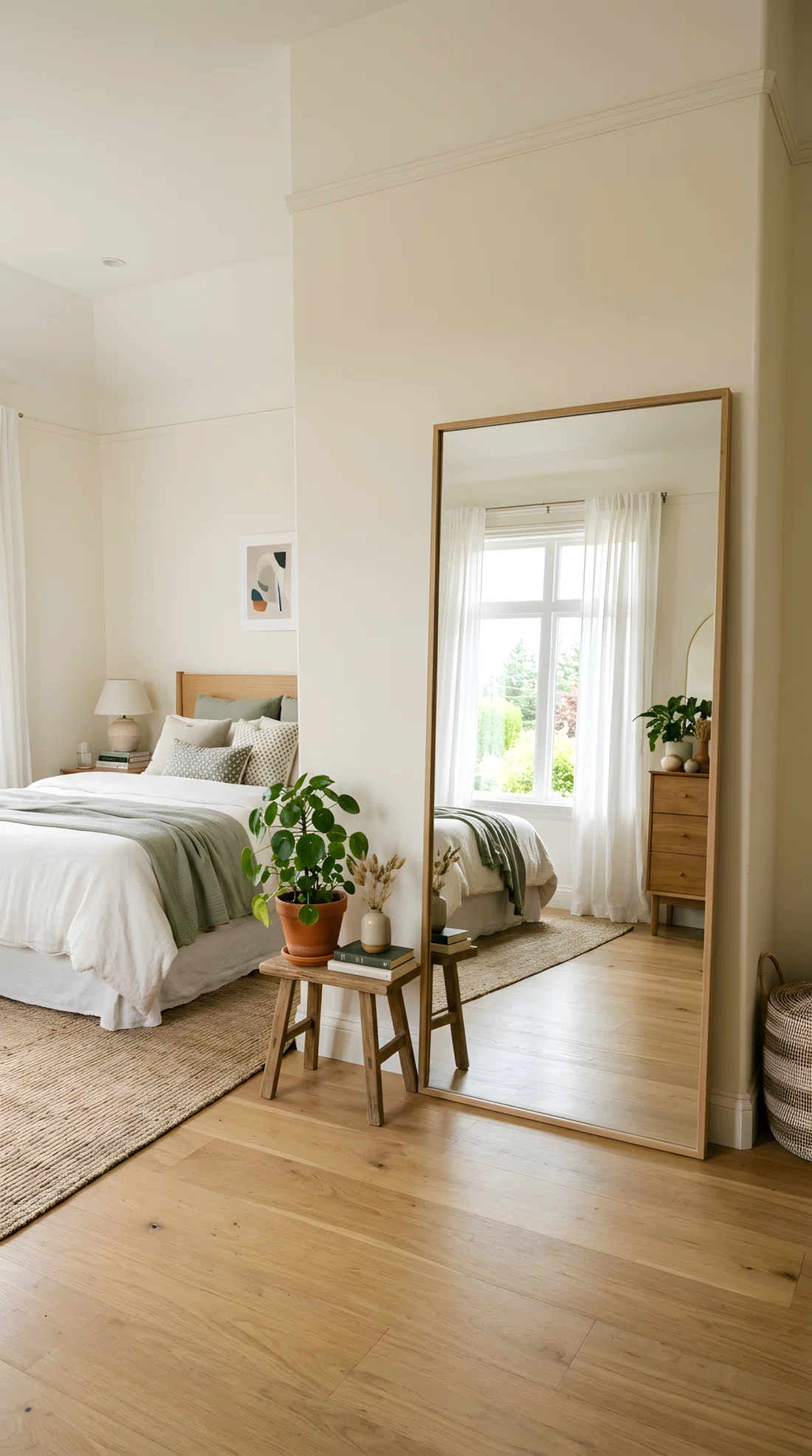 Wide-angle real-life photograph of a bedroom with an oversized mirror in a slim wood frame leaning against a cream wall, reflecting bright natural window light back into the room, neatly styled with a small plant beside it, elegant and airy, wide dramatic camera angle capturing the full room.