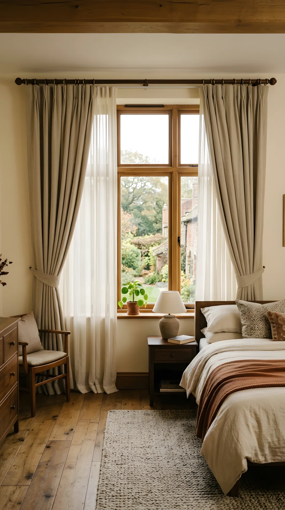 Wide-angle real-life photograph of a bedroom window with sheer ivory curtains layered underneath heavier oat-colored linen drapes, soft diffused natural light filtering through, curtains neatly hung and beautifully arranged, warm tones, wide dramatic camera angle capturing the full window wall and room.