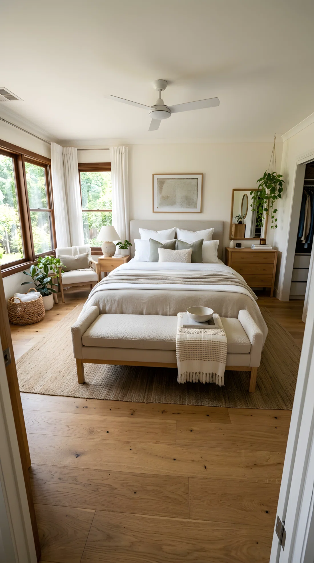 Wide-angle real-life photograph of a bedroom with a low upholstered bench in oatmeal bouclé fabric positioned at the foot of the bed, a folded throw resting on top, neatly made bed behind it, bright natural light, functional and elegant, wide dramatic camera angle capturing the full room.