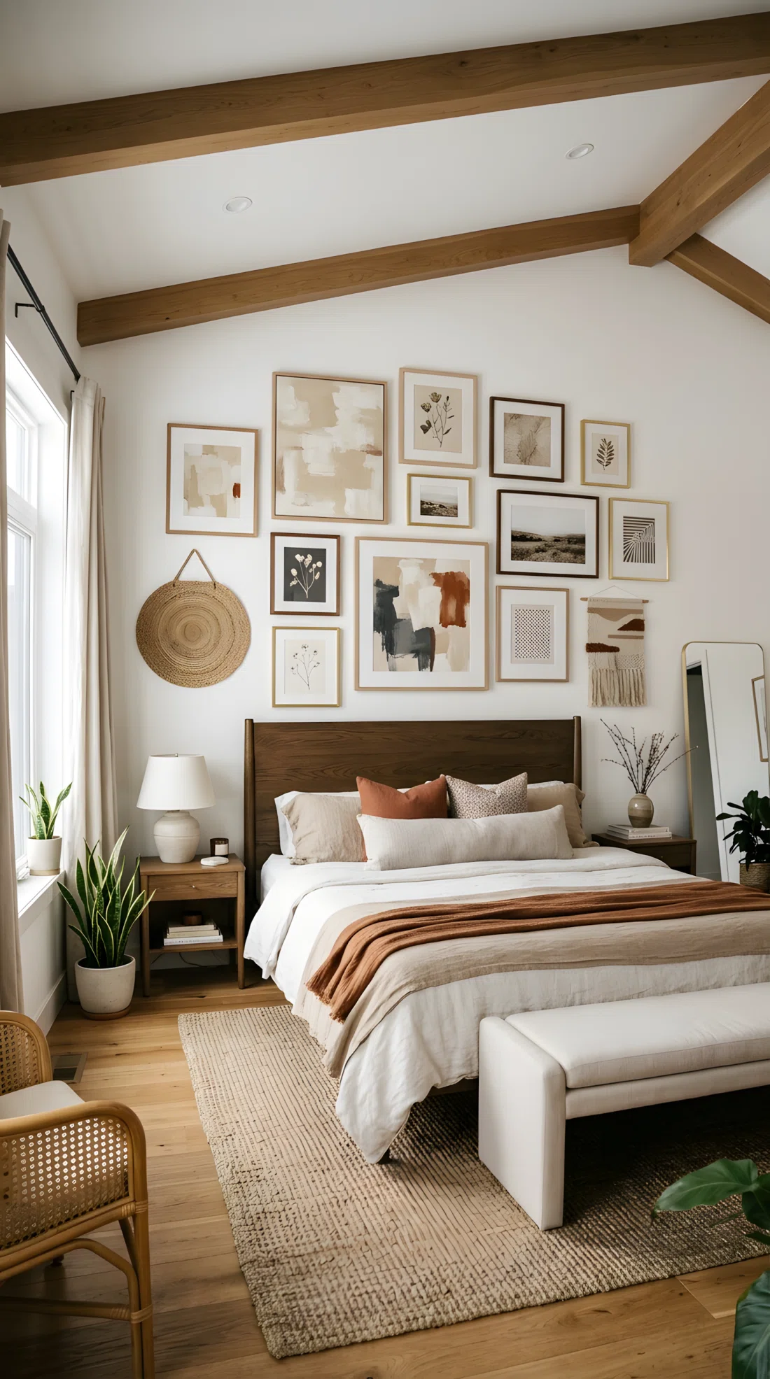 Wide-angle real-life photograph of a bedroom wall above the headboard featuring a gallery arrangement of framed neutral-toned art prints and woven textile pieces, mixed wood and brushed brass frames, soft natural light across the wall, neatly arranged and balanced, wide dramatic camera angle capturing the full room.