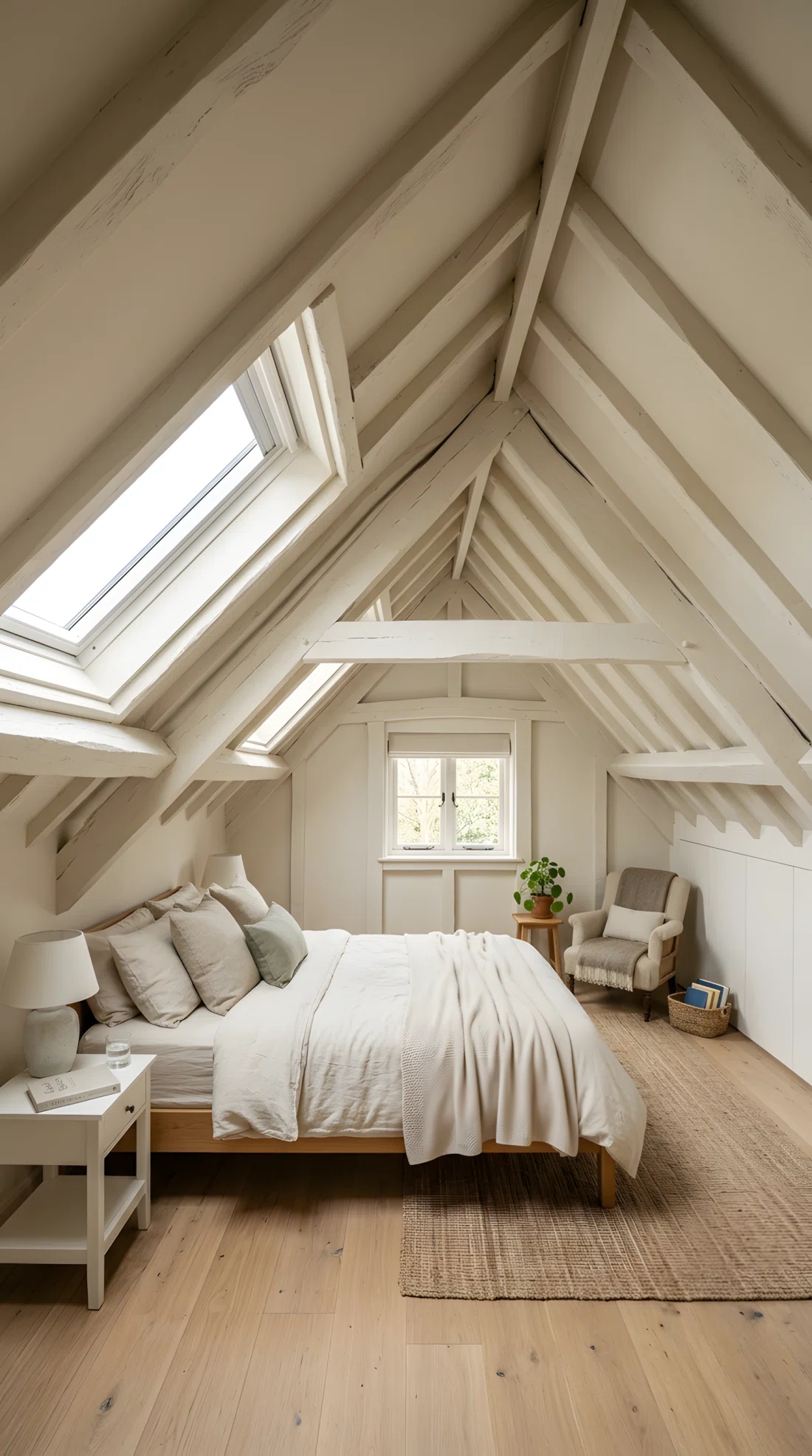 Wide-angle real-life photograph of an attic bedroom with exposed wood beams painted soft warm white (RGB 250,246,235), matching the wall color for a seamless look, natural light from a skylight highlighting the beam texture, tidy and airy, wide dramatic camera angle capturing the full sloped ceiling and room.