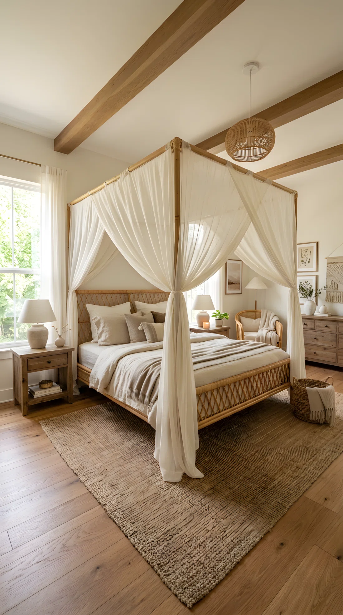 Wide-angle real-life photograph of a bedroom with a rattan canopy frame above the bed draped with sheer ivory fabric, soft natural light filtering through the drape, neatly made bed below with warm neutral bedding, elegant and airy, wide dramatic camera angle capturing the full room.