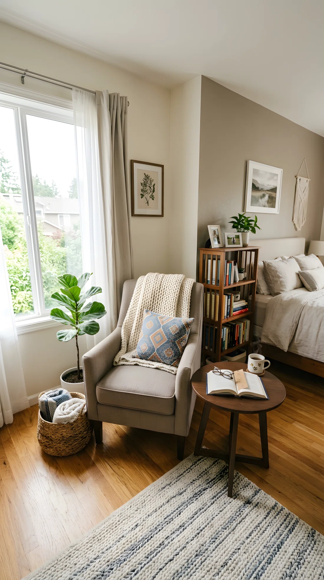 Wide-angle real-life photograph of a bedroom corner with a taupe accent chair, a small round side table holding a coffee cup and book, a compact bookshelf beside it, bright natural morning light, neatly arranged and inviting, wide dramatic camera angle capturing the full corner and room.