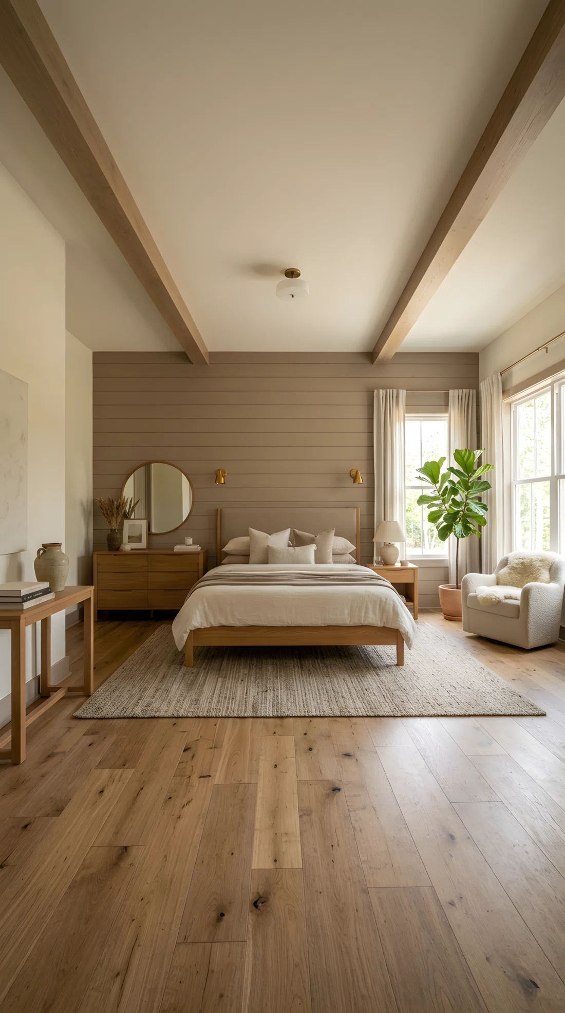 Wide-angle real-life photograph of a bedroom with a wood-paneled accent wall behind the headboard in a warm taupe tone (RGB 168,150,130), one shade darker than the surrounding cream walls, bed blending softly into the backdrop, natural light, elegant and cohesive, wide dramatic camera angle capturing the full room.