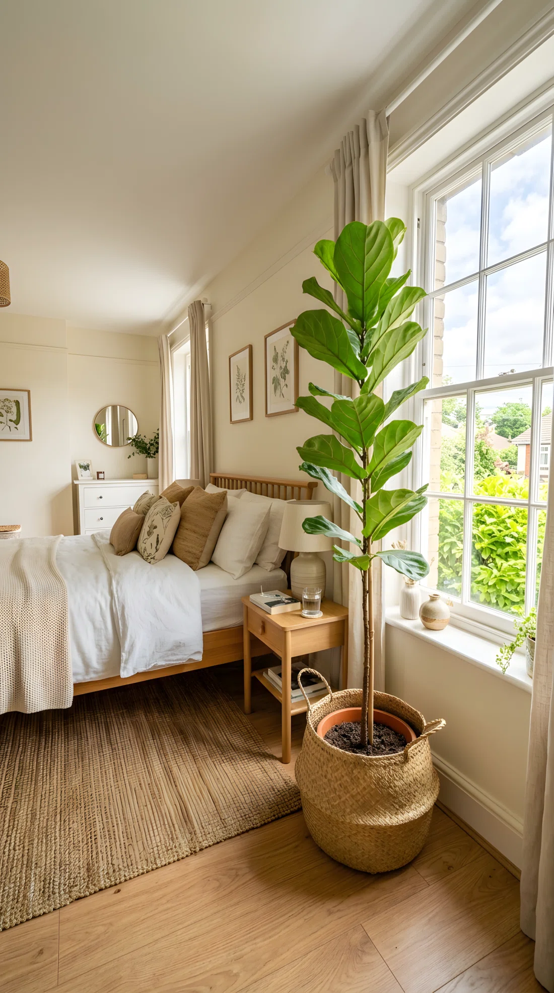 Wide-angle real-life photograph of a bedroom corner with a tall leafy potted plant in a woven terracotta planter, positioned near a window with bright natural light, neutral bedroom tones in the background, neatly kept and fresh, wide dramatic camera angle capturing the full room.