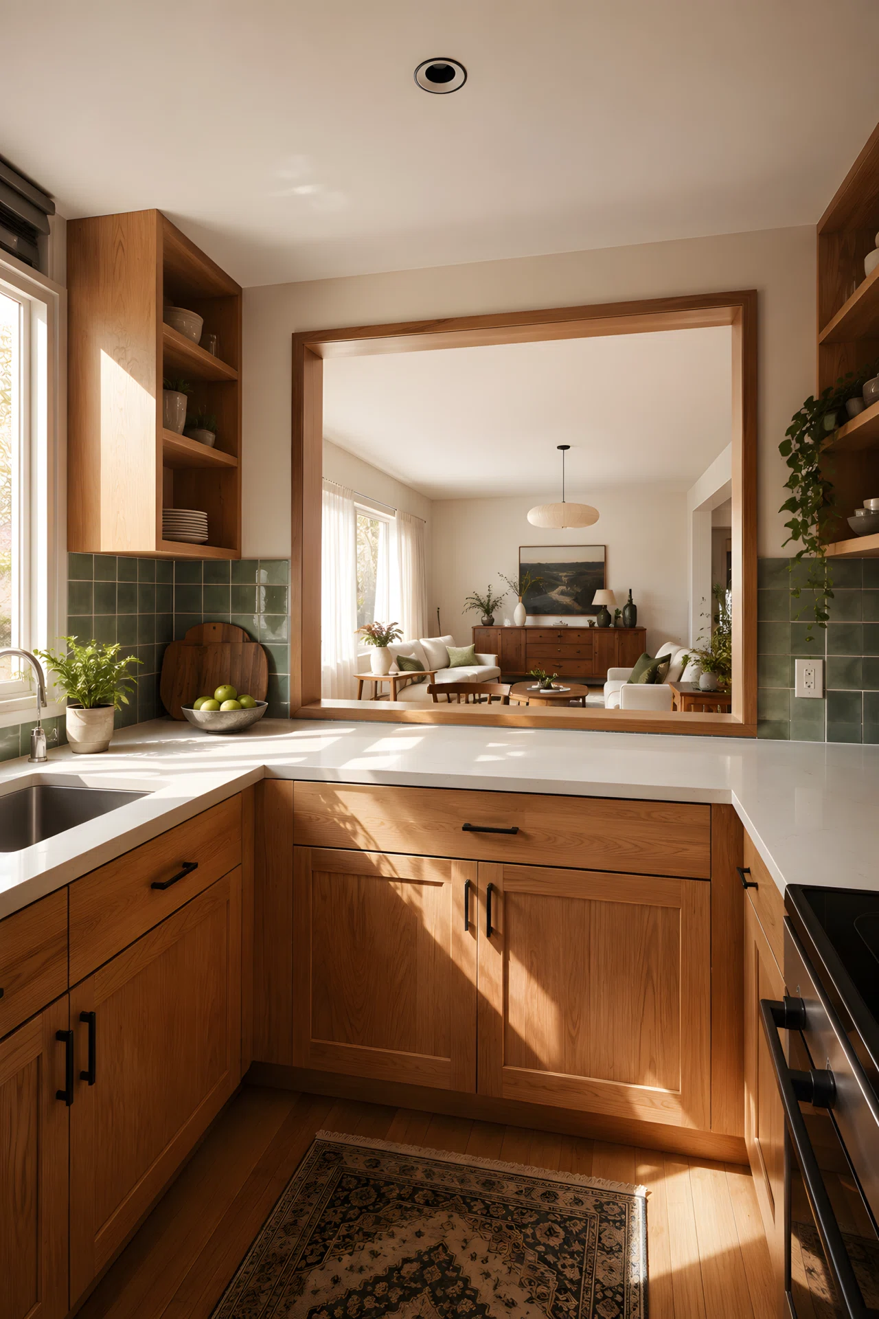 Wide-angle photograph of a semi-open kitchen with a pass-through window above white quartz counters, view looking into a bright living room beyond, warm oak cabinetry, vibrant sage green backsplash tile, sunlight streaming from a large window on the left side of the kitchen illuminating the counter, dramatic wide room perspective, realistic photography style, high resolution stock photo.