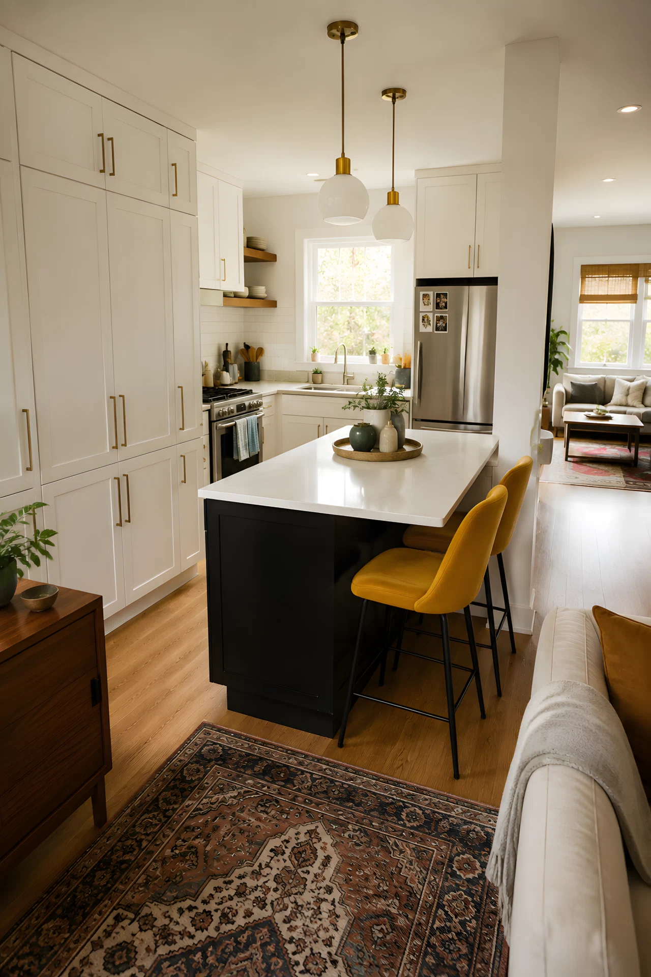 Wide-angle photograph of a small open kitchen with floor-to-ceiling white pantry cabinets, compact island, adjoining living room visible in background, vibrant mustard yellow bar stools, bright natural light from a window above the sink, dramatic wide camera angle capturing the full room, realistic stock photography style.