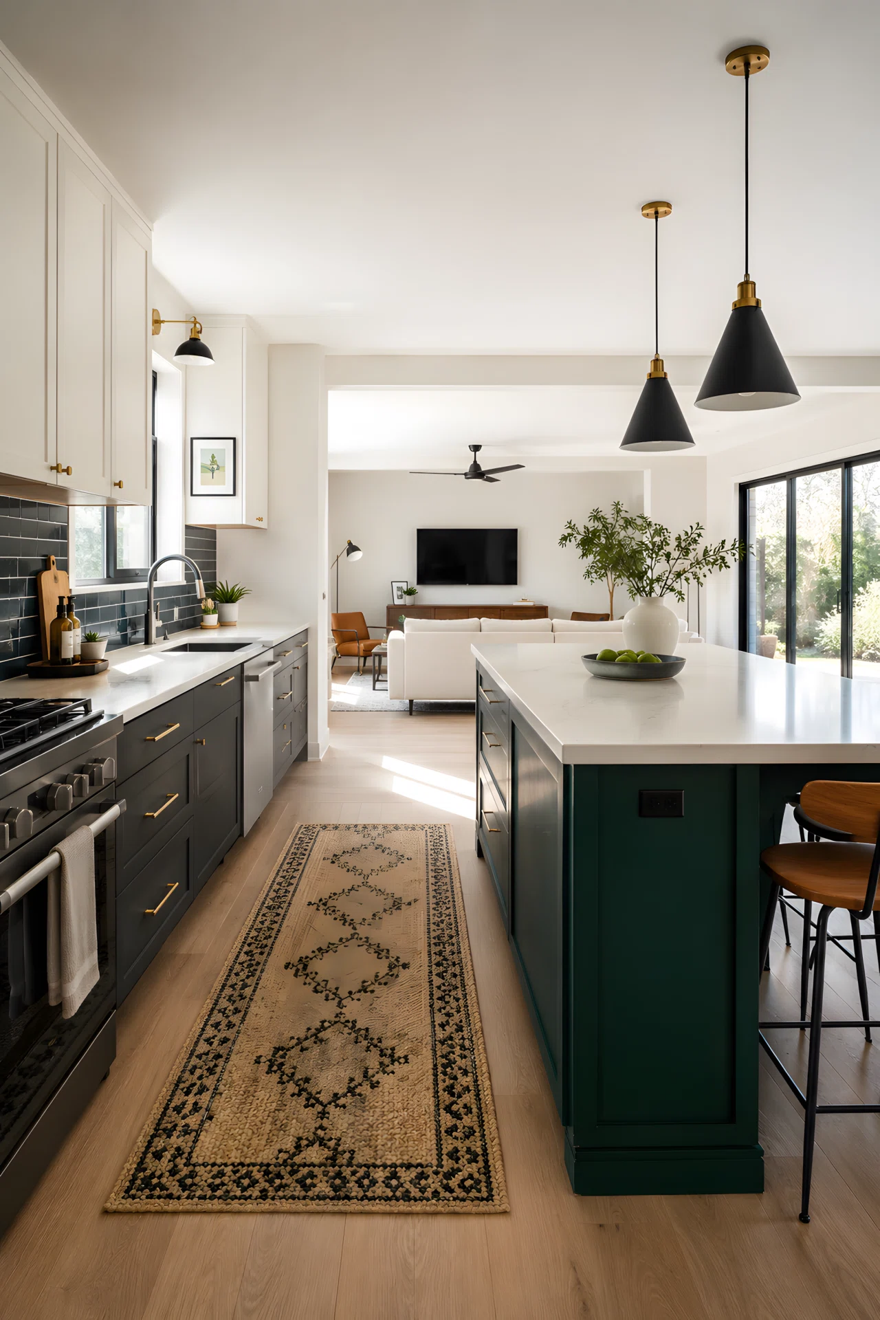 Wide-angle photograph of a modern open kitchen with charcoal lower cabinets (RGB 54,54,54) and cream upper cabinets (RGB 245,240,230), a deep emerald green island (RGB 0,66,54), open sightline into a minimalist living room, bright natural light from large windows, vibrant colors, dramatic wide-angle composition, realistic stock photography.