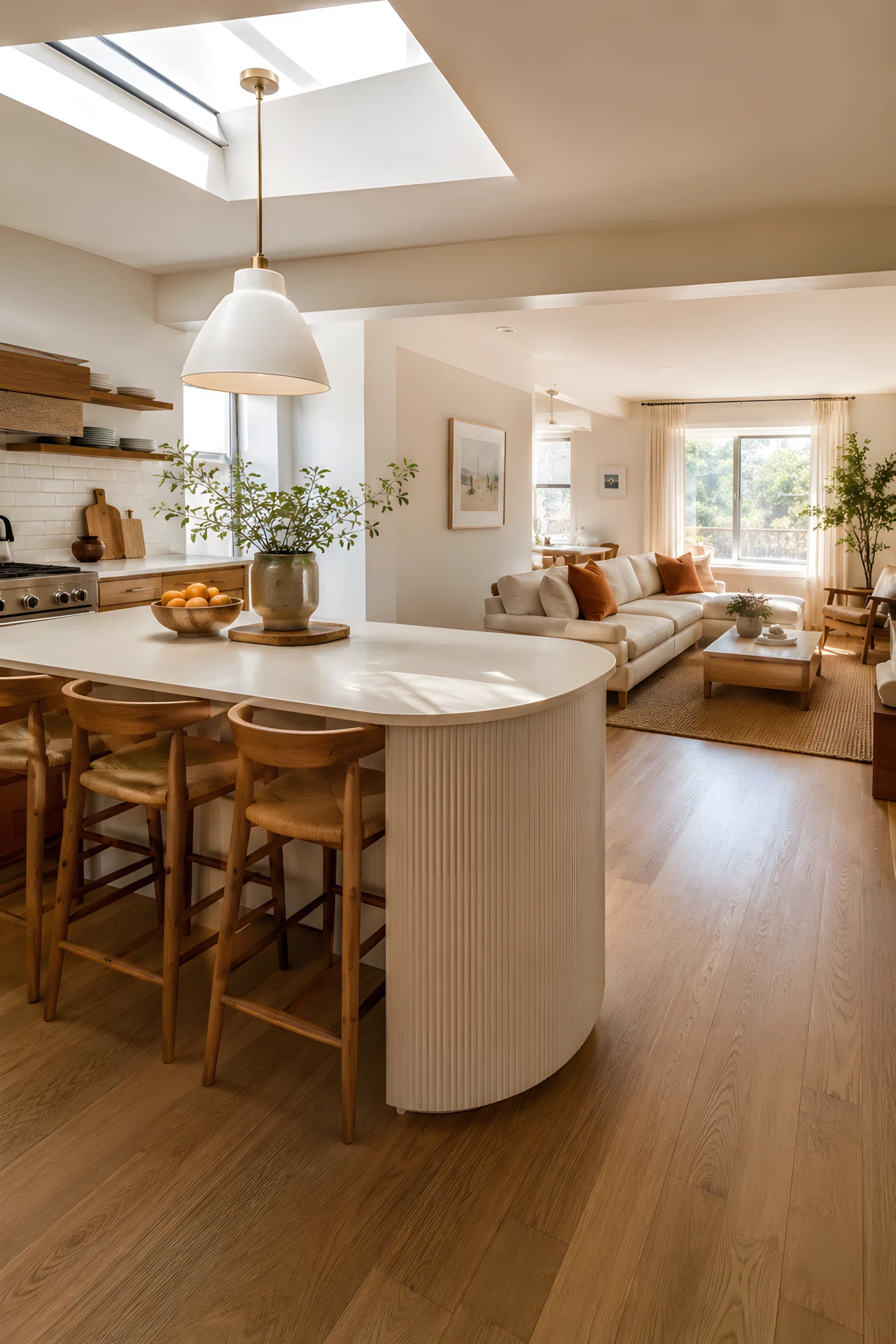 Wide-angle photograph of a cozy open kitchen with a curved white island, warm oak bar stools, open view into a living room with soft neutral furniture, vibrant terracotta accent pillows, bright natural light streaming from a window positioned above the island casting soft shadows, dramatic wide room perspective, realistic stock photography style.