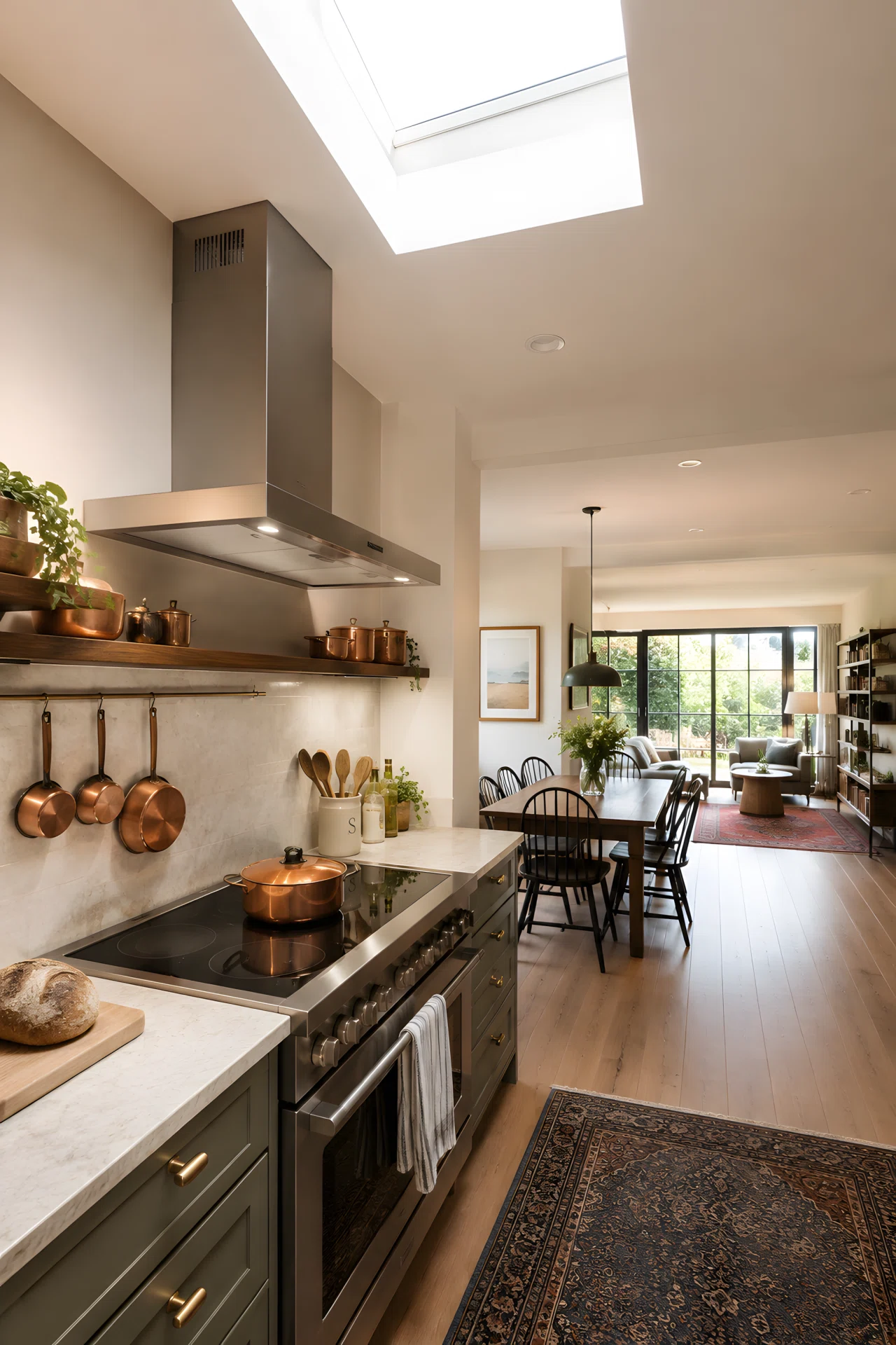 Wide-angle photograph of an open kitchen with a sleek slimline ceiling-mounted range hood above a stove, open sightline into a dining and living area, vibrant copper cookware accents, bright natural light from a skylight positioned directly above the cooking zone highlighting the hood, dramatic wide-angle composition, realistic stock photography style.