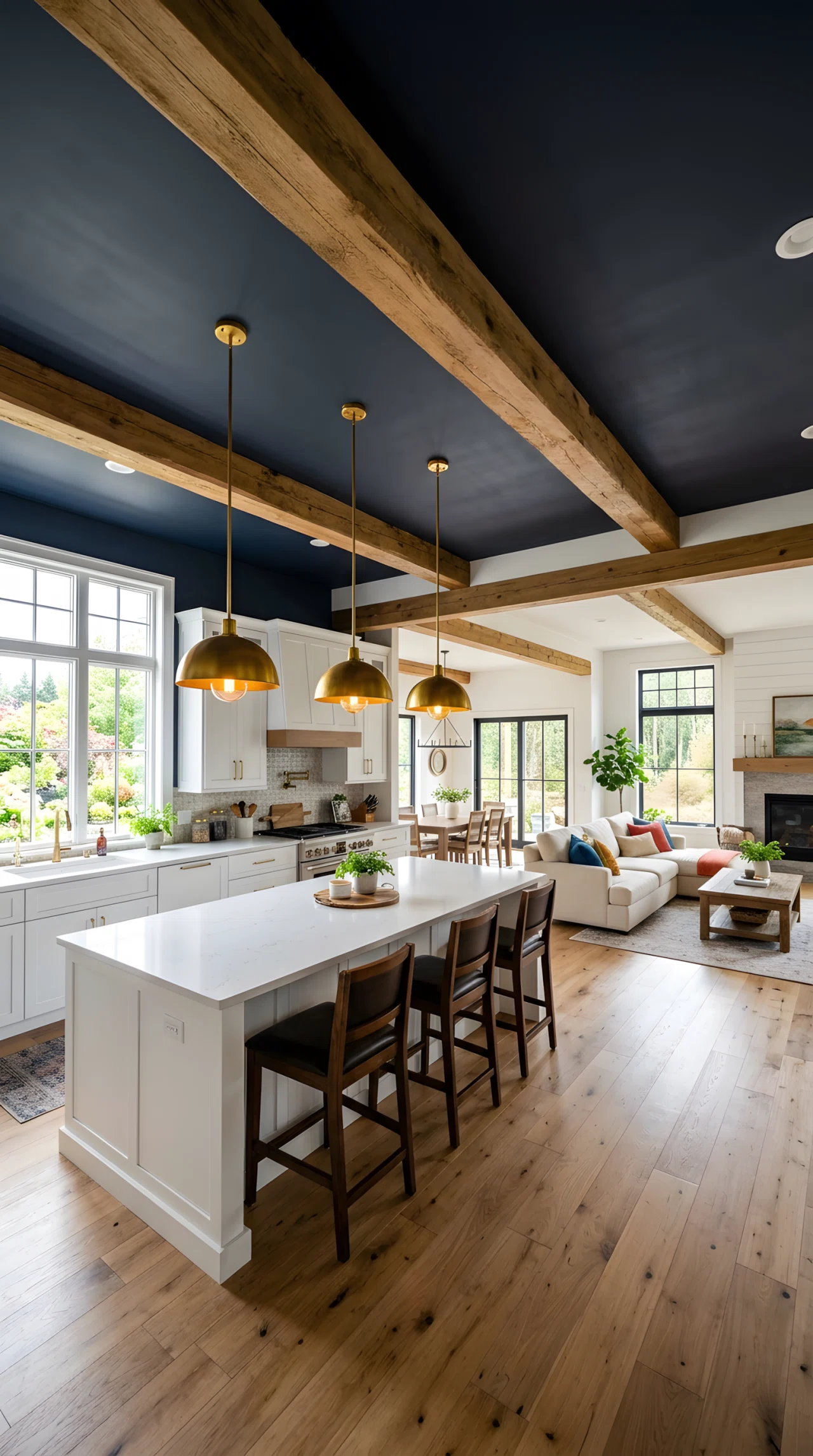 Wide-angle photograph of an open kitchen with a deep navy charcoal accent ceiling (RGB 30,38,53) and exposed wood beams, white cabinetry below, open sightline into a bright living room, vibrant brass pendant lights, natural light entering from a large side window, dramatic wide room perspective, realistic stock photography style.