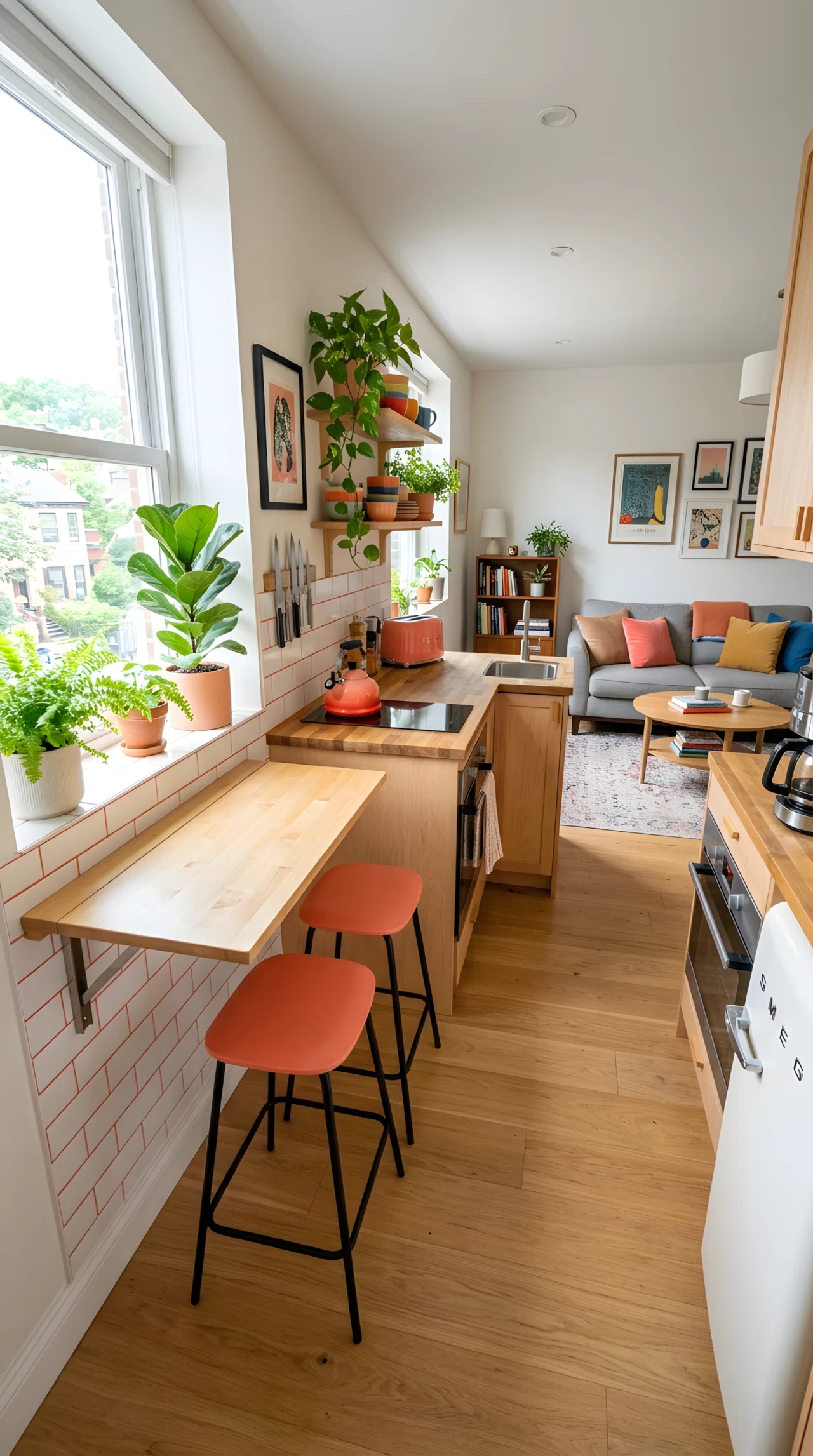 Wide-angle photograph of a small open kitchen with a fold-down wall-mounted breakfast bar and two stools, compact layout, living room visible beyond, vibrant coral kitchen accents, bright natural light from a nearby window, dramatic wide-angle composition, realistic stock photography style.