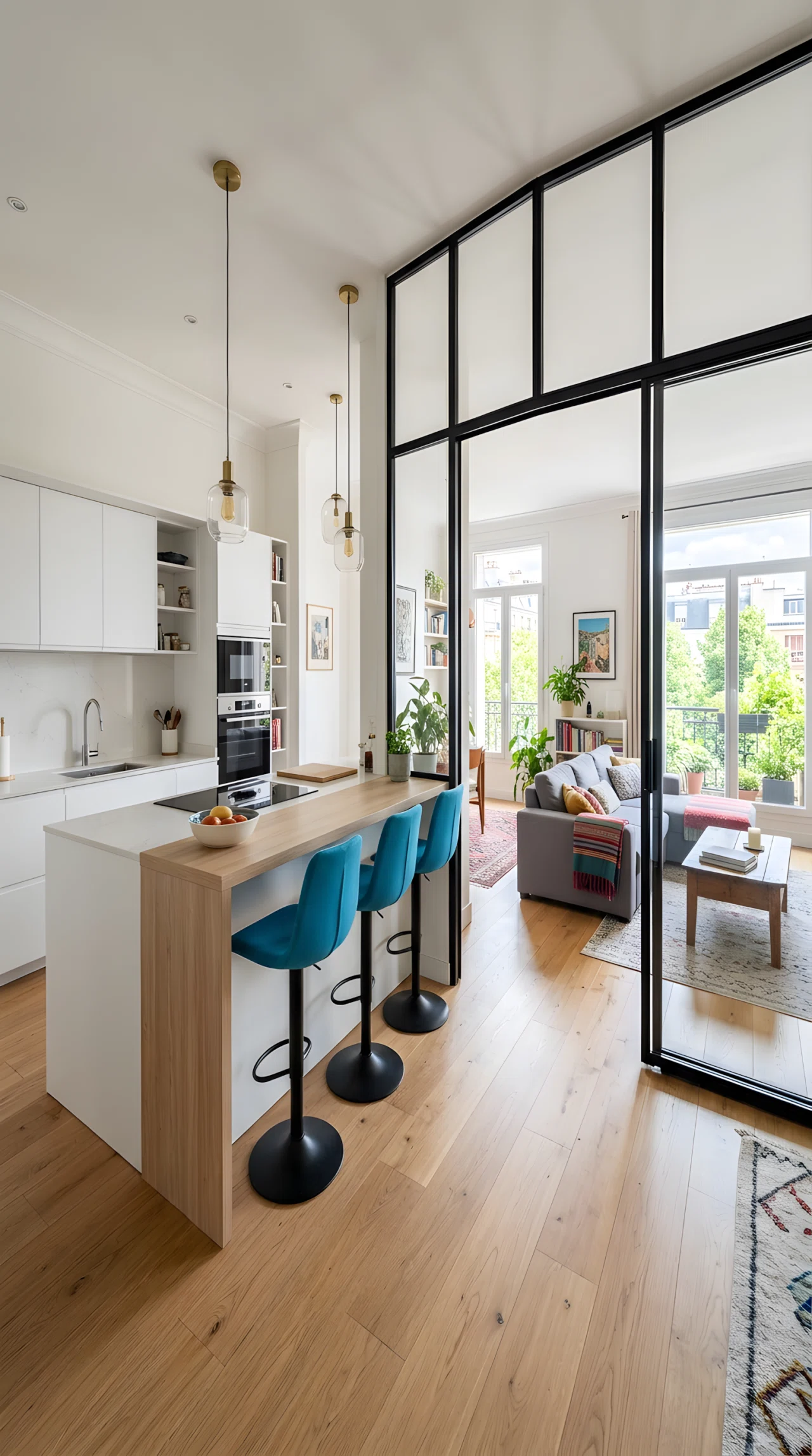 Wide-angle photograph of an open kitchen with a floor-to-ceiling sliding glass partition half open toward a living room, sleek white cabinetry, vibrant blue bar stools, natural light streaming through the glass panels, dramatic wide room perspective, realistic stock photography style.