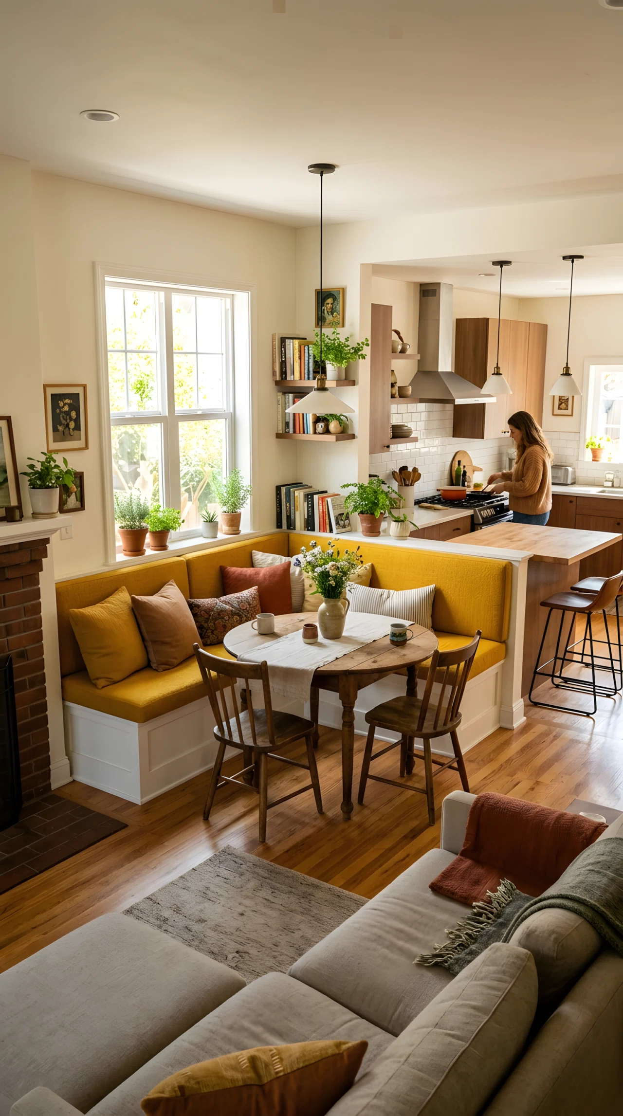 Wide-angle photograph of a cozy open kitchen with a built-in cushioned banquette nook in the corner, small round table, warm textiles, open view into the kitchen and living room, vibrant mustard cushions, bright natural light from a window above the nook, dramatic wide-angle composition, realistic stock photography style.