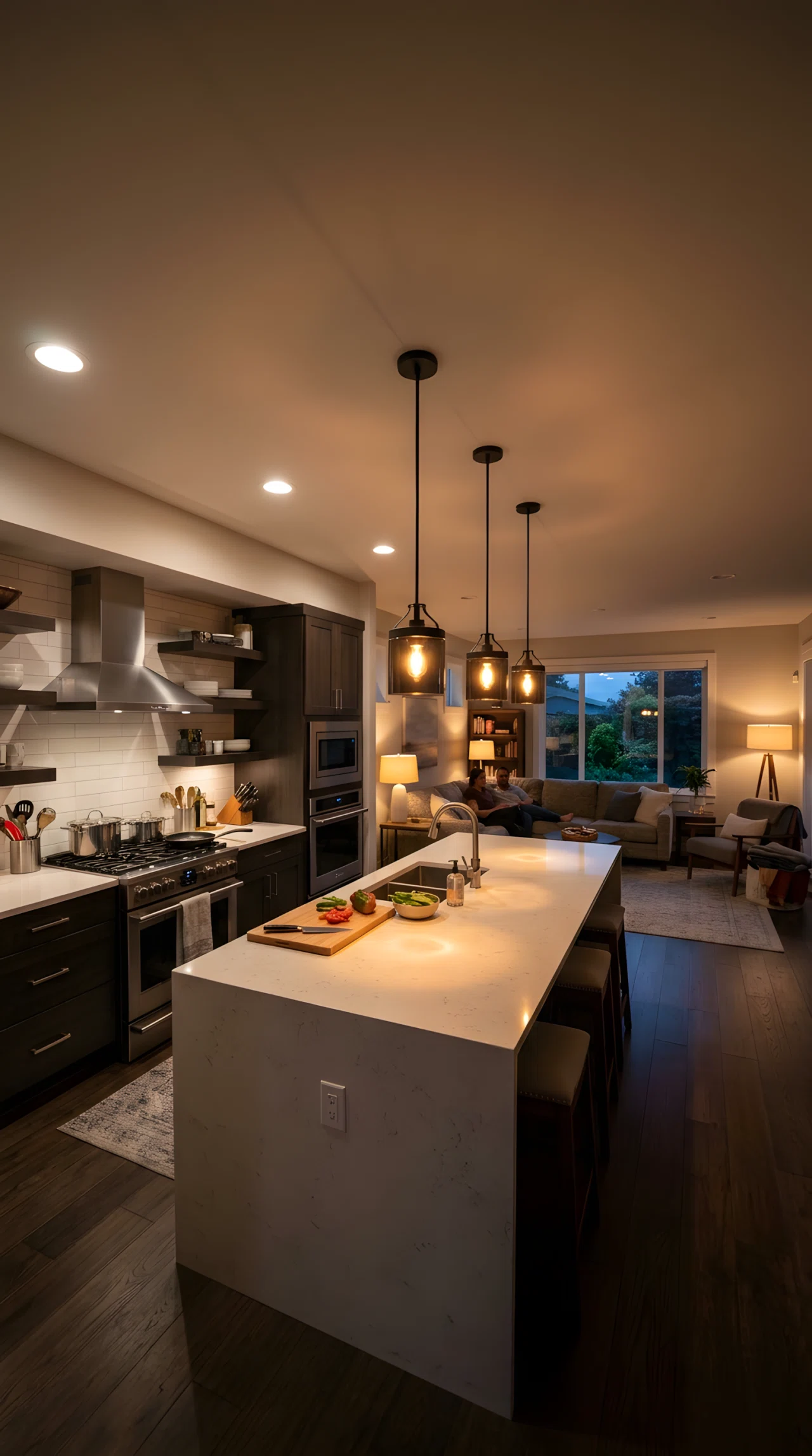 Wide-angle photograph of an open kitchen with pendant lights positioned directly above the island casting warm focused light on the counter, recessed ceiling lights illuminating the cooking zone evenly, softer dimmed lamps glowing in the living room area beyond, clear contrast between bright task lighting and warm ambient lighting, dramatic wide room perspective, realistic stock photography style.