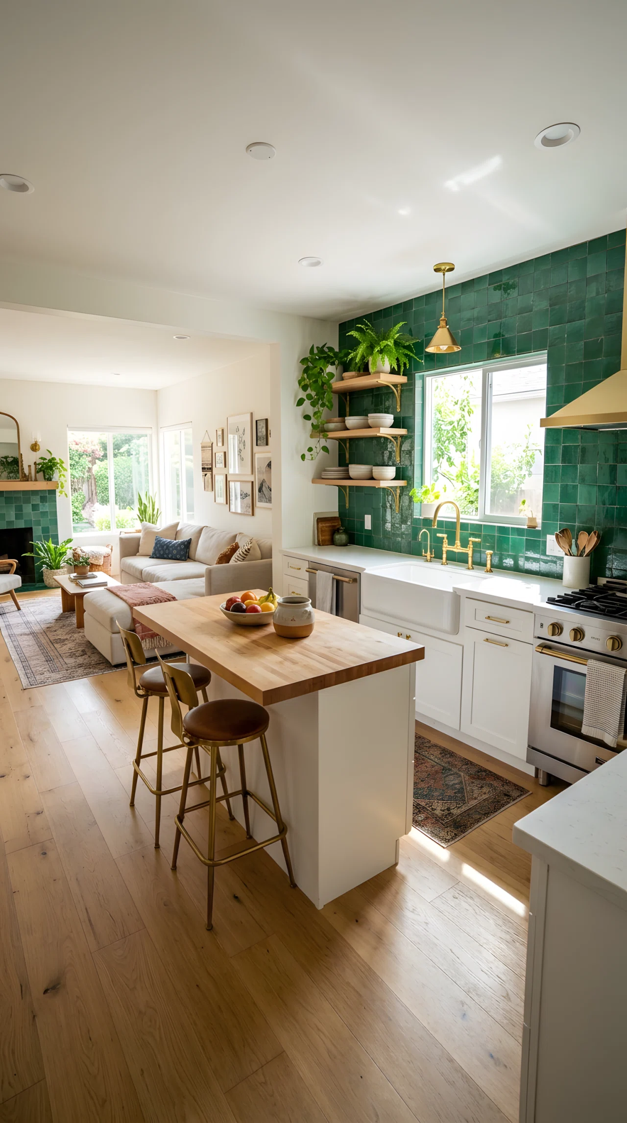 Wide-angle photograph of an open kitchen with a bold emerald green zellige tile backsplash (RGB 6,95,70), simple white cabinetry, open sightline into a living room, vibrant brass faucet accents, bright natural light entering from a window above the sink, dramatic wide room perspective, realistic stock photography style.