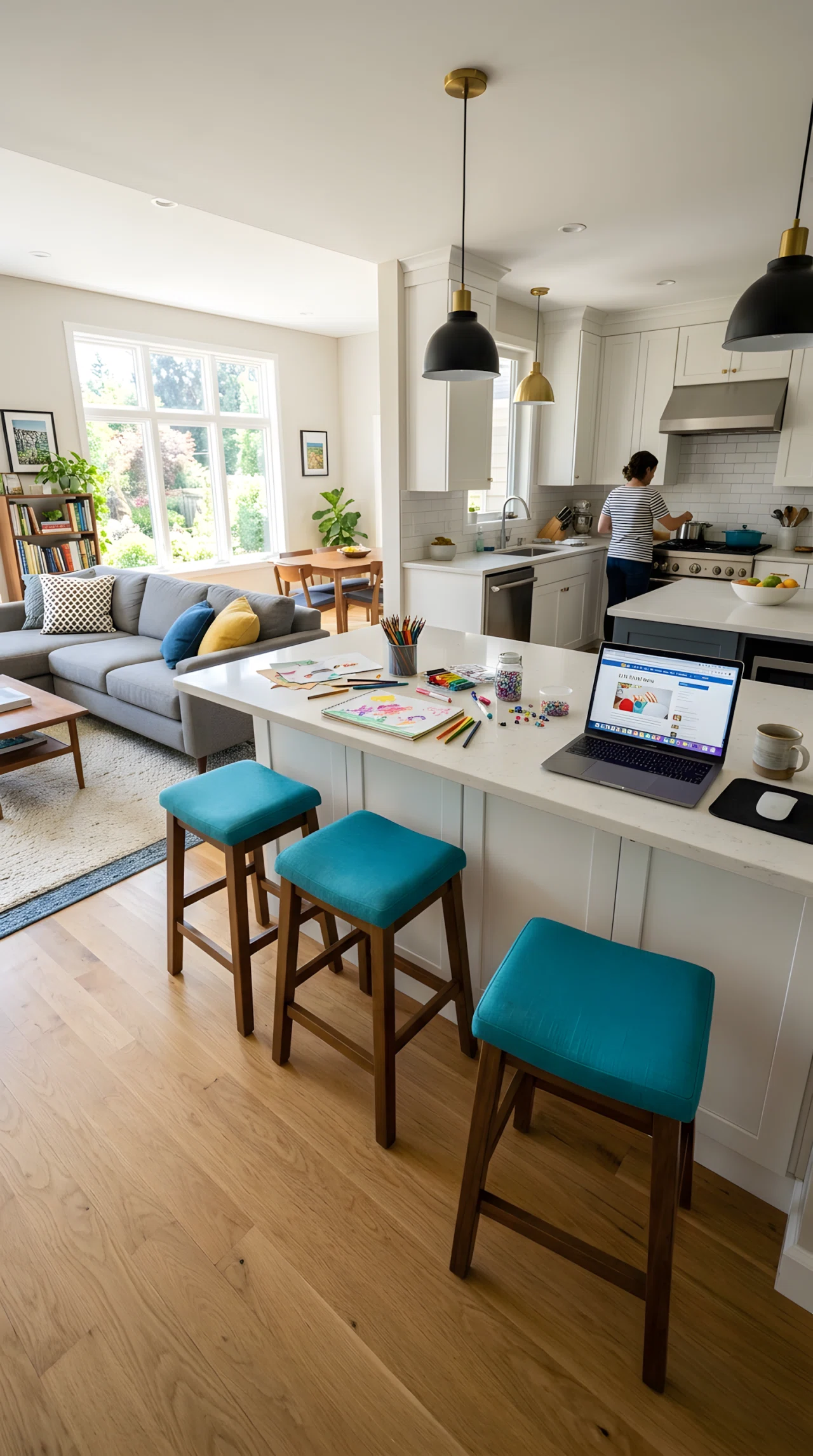 Wide-angle photograph of an open kitchen peninsula with stools on the living room side, kids' craft supplies and a laptop on the counter, open sightline between kitchen and living area, vibrant turquoise stool cushions, bright natural light from a large window, dramatic wide-angle composition, realistic stock photography style.