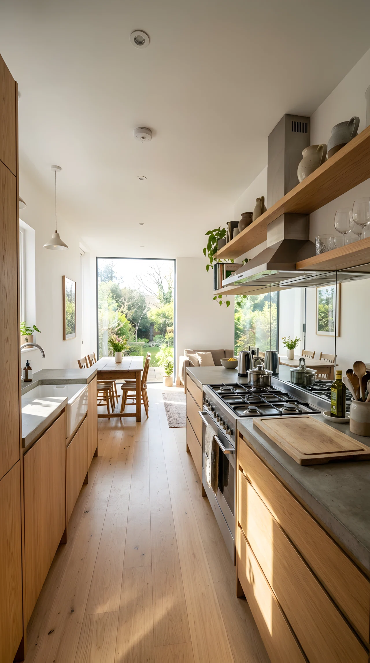 Wide-angle photograph of a small open kitchen with a mirrored splashback behind the stove reflecting natural light, light oak cabinetry, open shelving, sunlight entering from a window positioned directly opposite the mirrored panel to maximize the reflection, dramatic wide room perspective, vibrant reflected highlights, realistic stock photography style.