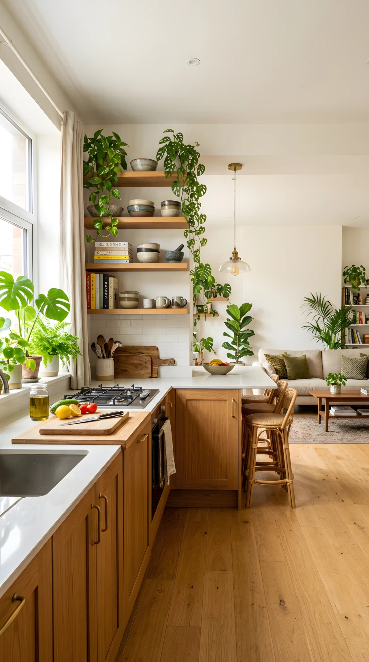 Wide-angle photograph of an open kitchen with open wooden shelving styled with trailing plants, ceramic bowls, and stacked cookbooks, warm cabinetry below, open sightline into a living room, vibrant green plant accents, bright natural light from a nearby window, dramatic wide-angle composition, realistic stock photography style.