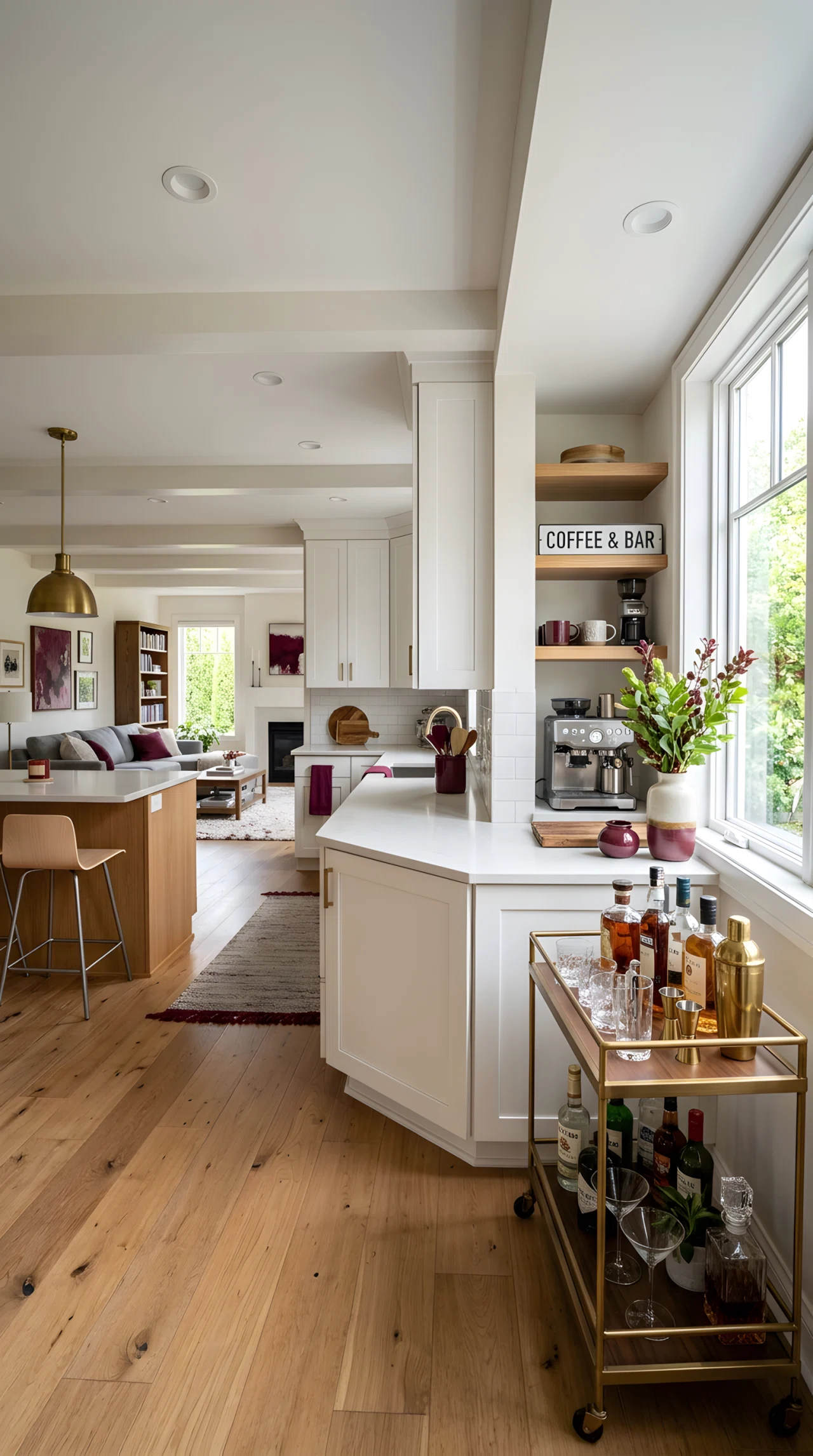 Wide-angle photograph of an open kitchen with a small built-in coffee and bar cart nook in the corner, brass bar tools and glassware, open sightline into a living room, vibrant burgundy accent decor, bright natural light from a nearby window, dramatic wide room perspective, realistic stock photography style.