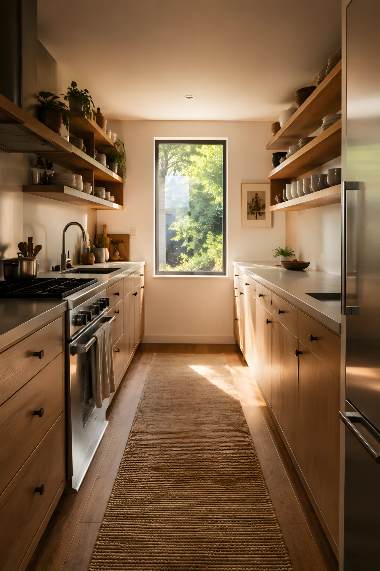 Wide-angle photograph of a narrow galley kitchen, two parallel countertops facing each other, light wood cabinets, open shelving with neatly arranged ceramic mugs and plates, soft daylight streaming from a window at the end of the hallway, dramatic low camera angle emphasizing the corridor depth, vibrant warm tones, shot on a professional camera, high resolution, realistic photography.