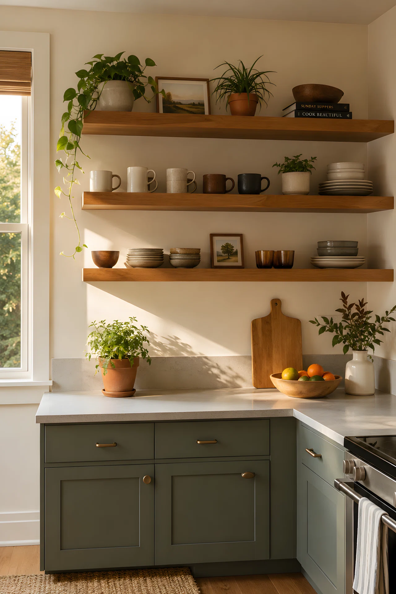 Wide-angle photograph of a small kitchen wall with floating oak shelves mounted above a countertop, displaying mugs, small plants, and stacked plates, warm daylight from a nearby window casting soft shadows, vibrant natural colors, dramatic wide camera angle capturing the full wall, realistic stock photography style.