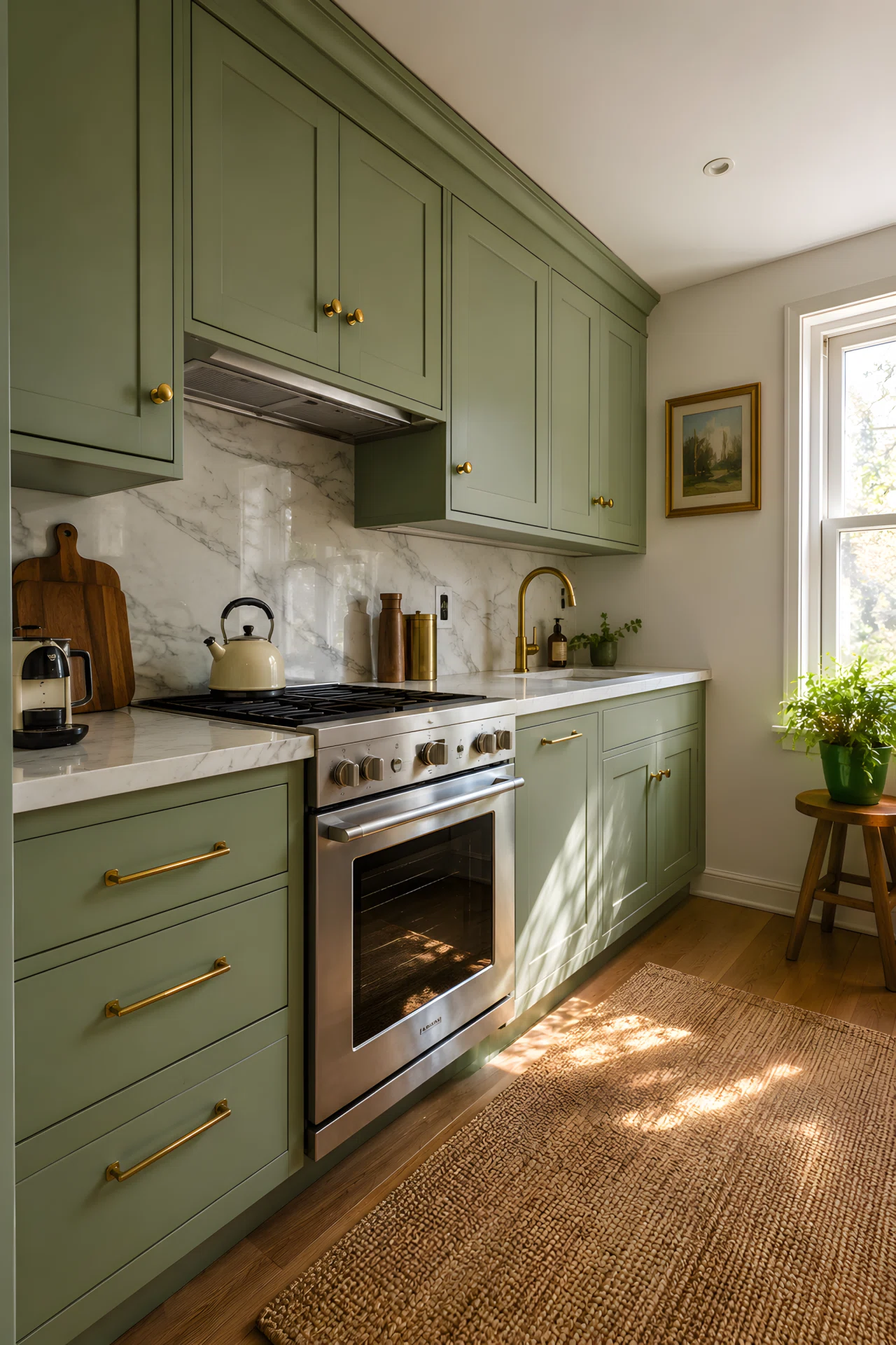 Wide-angle photograph of a compact kitchen with sage green cabinets (RGB 156, 175, 136), brass cabinet handles, white marble countertop, vibrant natural light entering from a side window, dramatic wide angle capturing the full cabinet run, realistic photography, rich saturated colors.