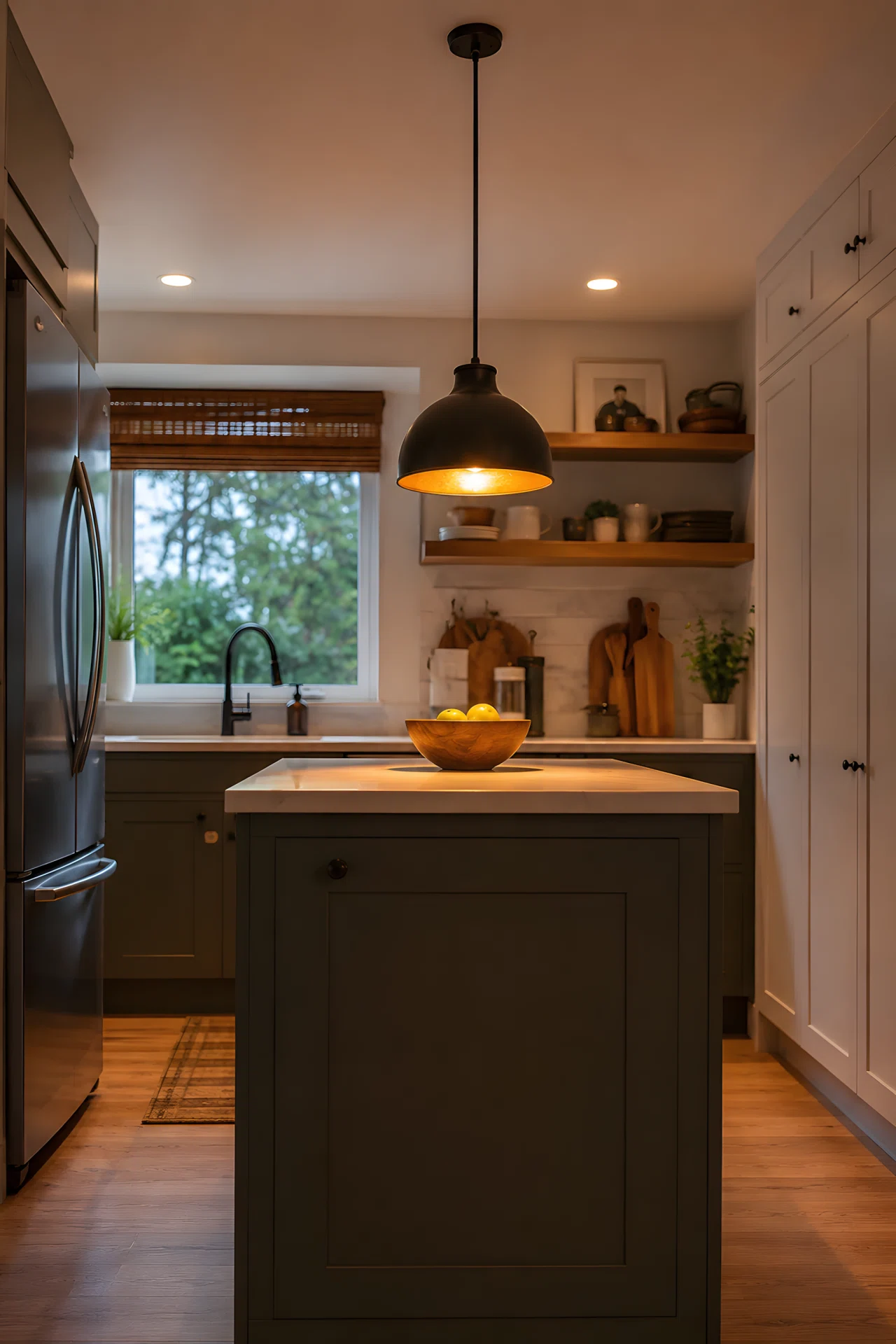 Wide-angle photograph of a small kitchen island with a single pendant light hanging low and centered directly above the island surface, warm glow pooling downward onto the countertop while the rest of the room stays softly lit, dramatic angle from a low camera position emphasizing the light's vertical drop, vibrant colors, realistic photography.