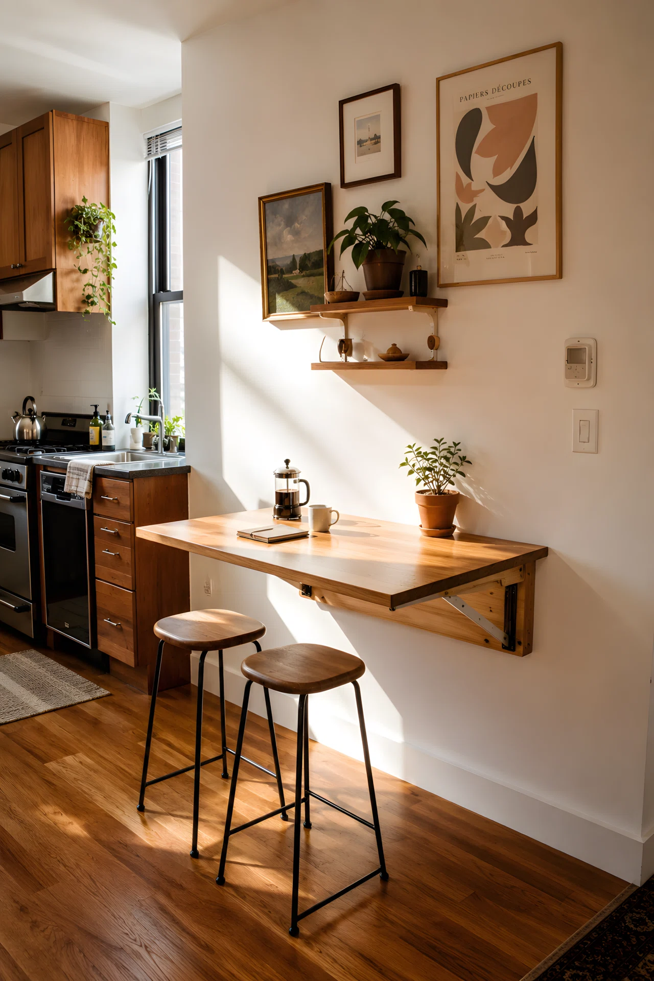 Wide-angle photograph of a small apartment kitchen with a fold-down wall table extended outward, two slim stools tucked underneath, morning light streaming across the table surface, dramatic wide angle showing the full wall and adjacent counter, vibrant realistic colors, professional stock photography style.
