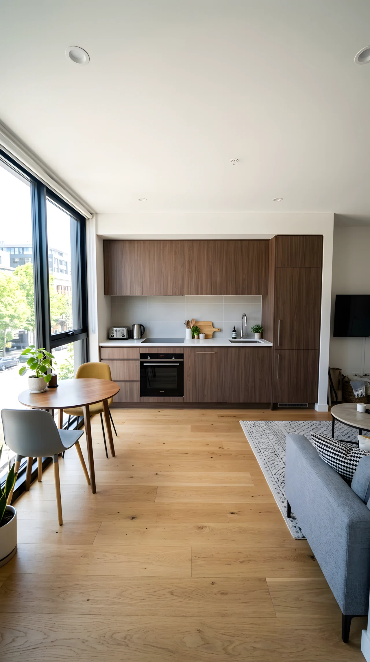 Wide-angle photograph of a one-wall small kitchen in a studio apartment, sleek handleless cabinets in a single row, integrated appliances, open sightline into a living space beyond, bright daylight from a large window, dramatic wide camera angle capturing the entire wall, vibrant realistic colors, professional photography.