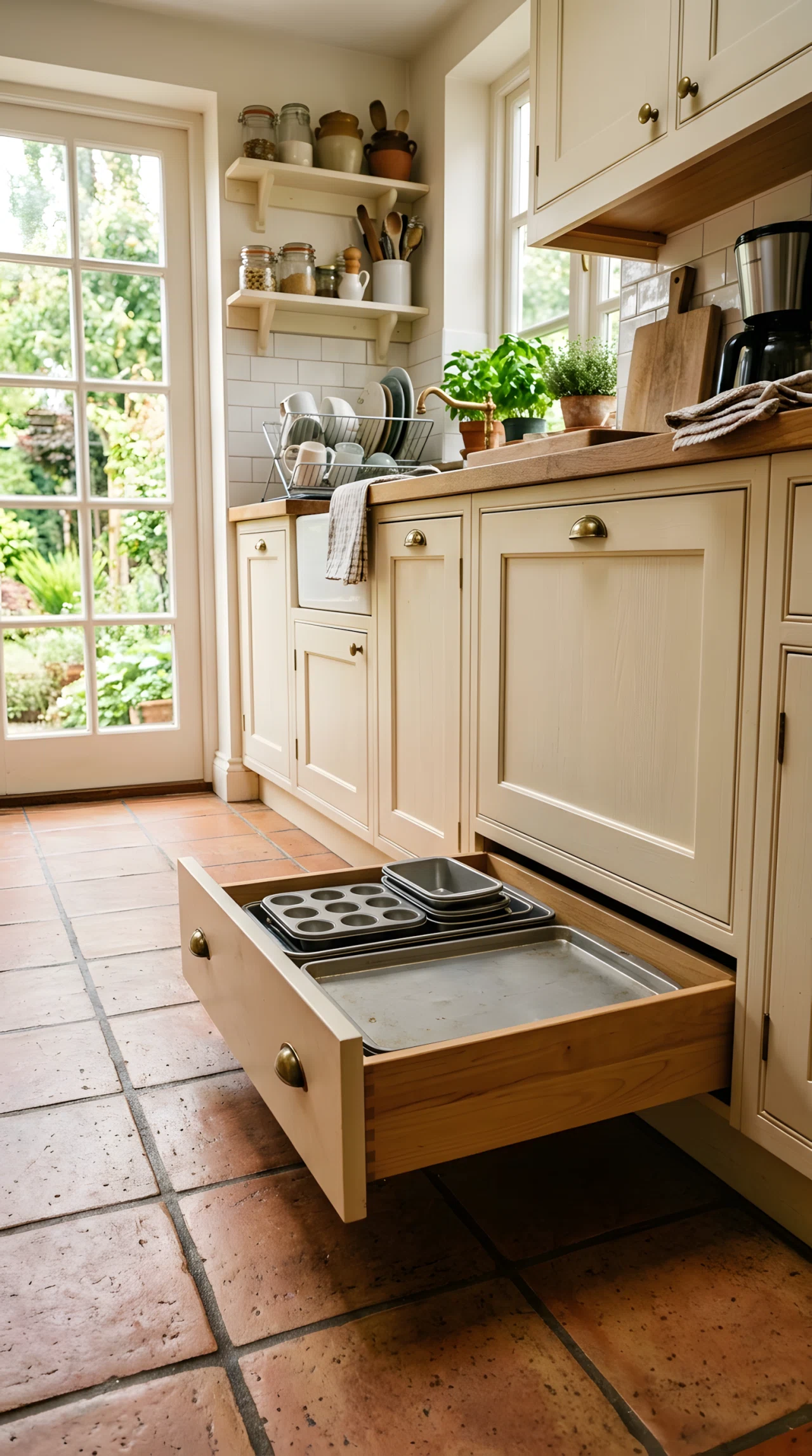 Wide-angle photograph of a small kitchen with a toe-kick drawer pulled open at the base of the cabinets, revealing neatly organized baking trays inside, warm daylight from a nearby window, dramatic low camera angle at floor level, vibrant natural tones, realistic stock photography style.