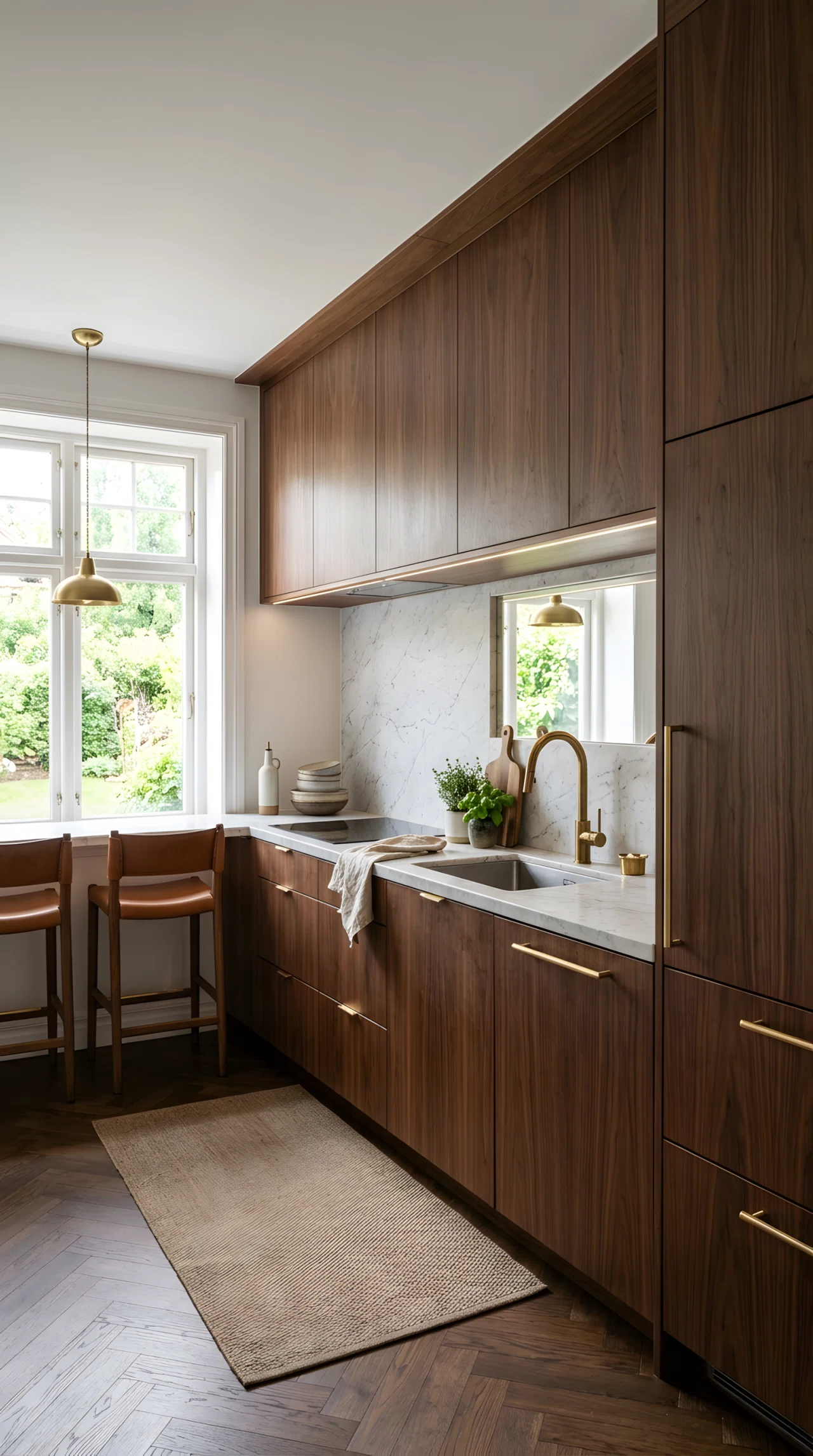 Wide-angle photograph of a compact luxury kitchen with paneled integrated refrigerator and dishwasher blending into matching cabinetry, stone countertop, soft ambient daylight, dramatic wide angle capturing the seamless cabinet run, vibrant rich colors, realistic high-end photography.